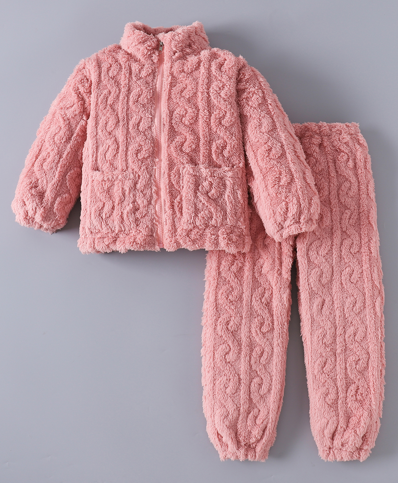 Kookie Kids Full Sleeves Winter Wear Sweatjacket & Lounge Pant Set with Cable Knit Design - Pink-image-46