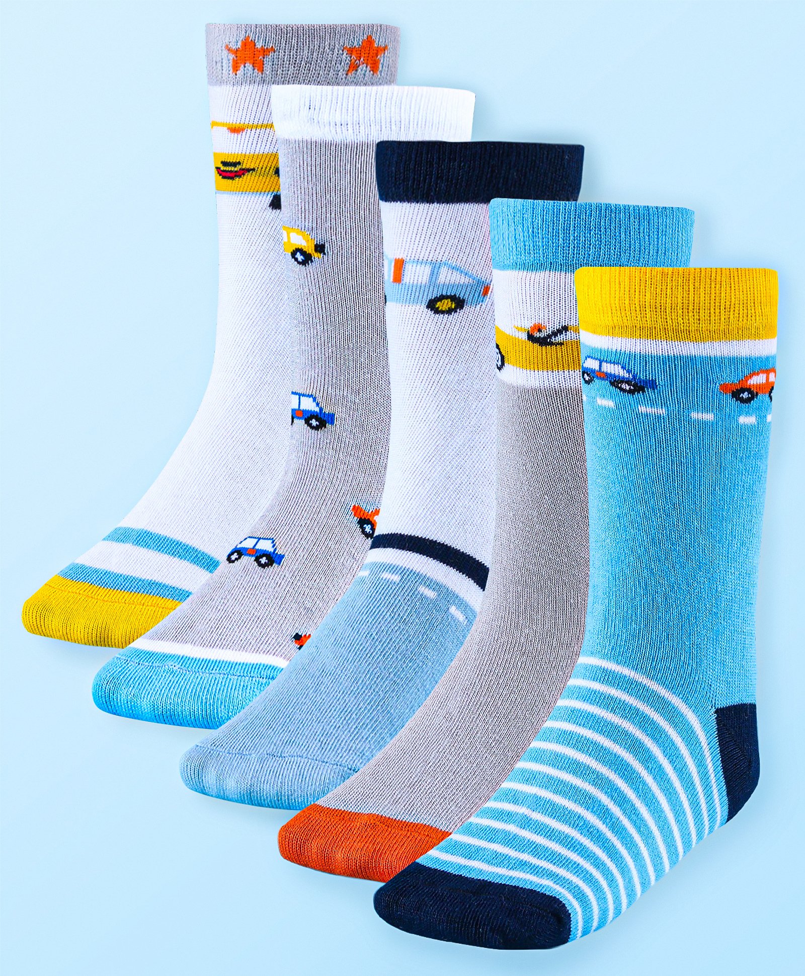 Cute Walk by Babyhug Anti-Bacterial Ankle Length Socks with Stripes & Car Design Pack of 5 - Blue-image-39