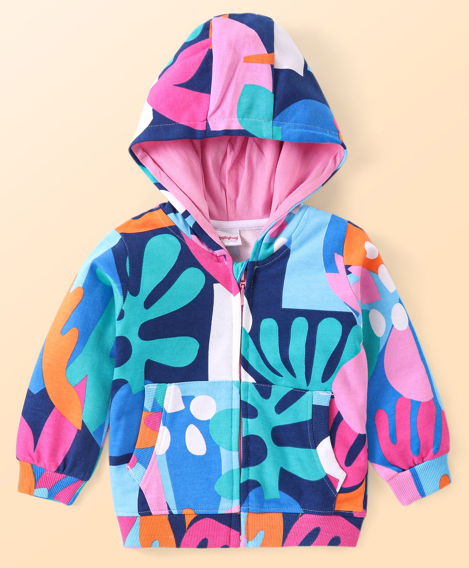 Babyhug Cotton Knit Full Sleeves Hooded Sweatjacket with Abstract Print & Kangaroo Pockets - Pink & Blue-image-31