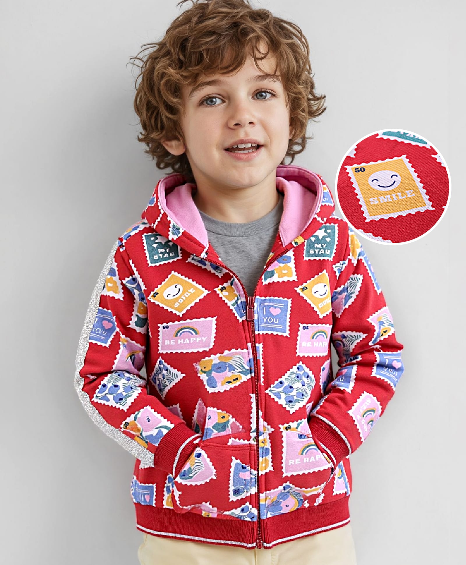 Babyhug Cotton Knit Full Sleeves Hooded Sweatjacket with Postcards Print - Red