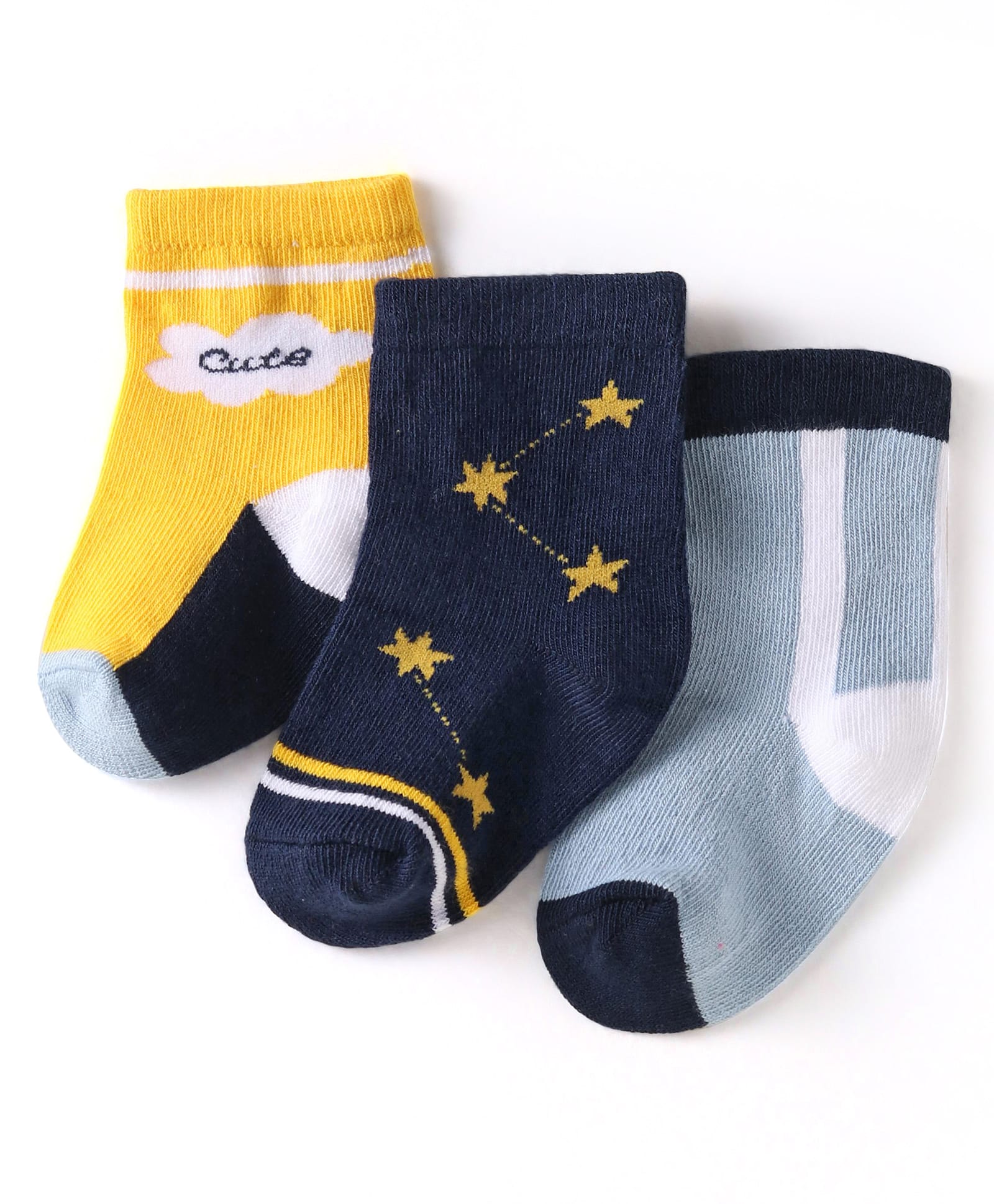 Cute Walk by Babyhug Knit Ankle Length Anti Bacterial Socks with Star Design Pack of 3 - Light Blue Yellow & Navy Blue-picture-24