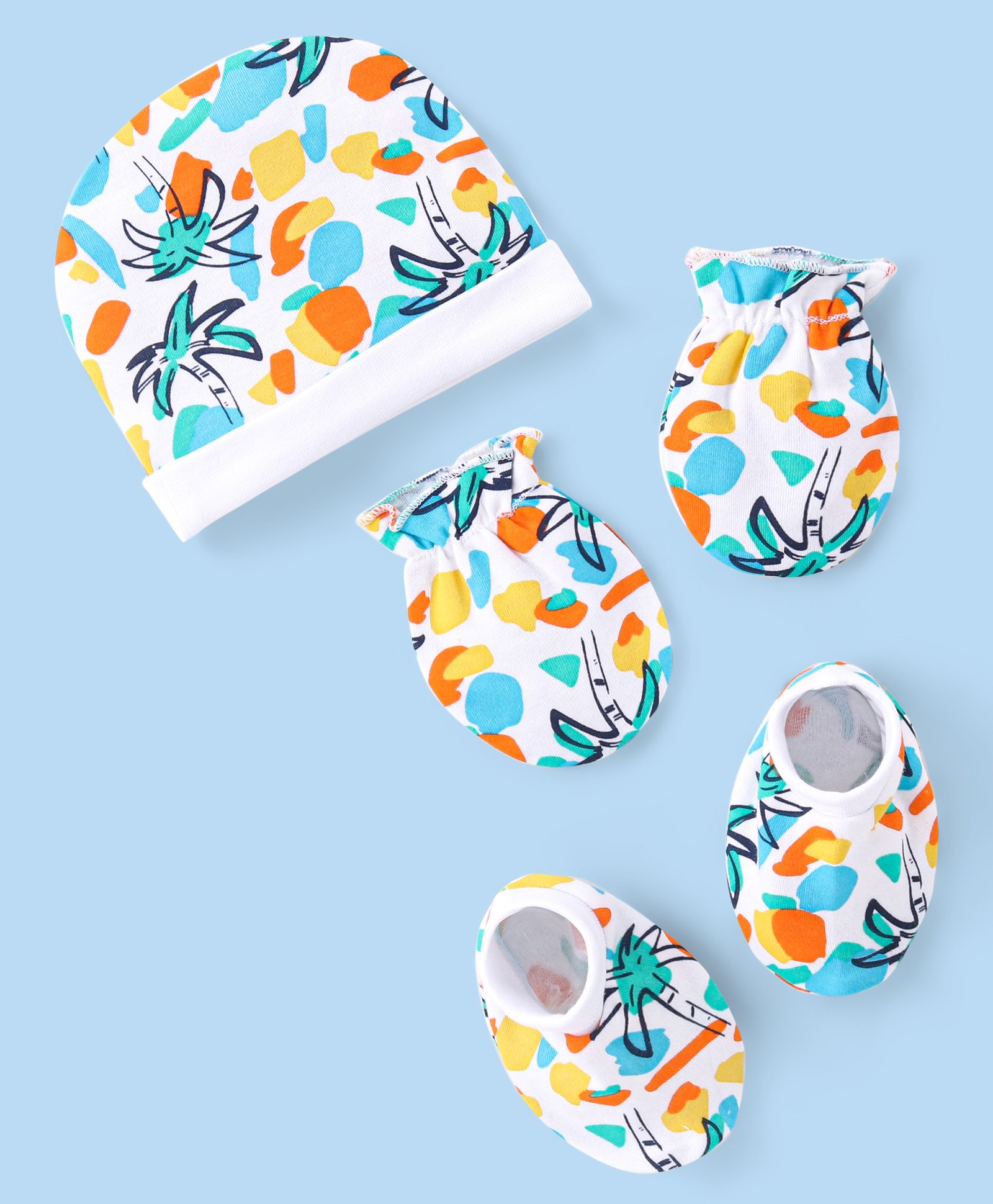 Babyhug 100% Cotton Knit Beach Printed Cap Mittens & Booties - Multicolor-image-14