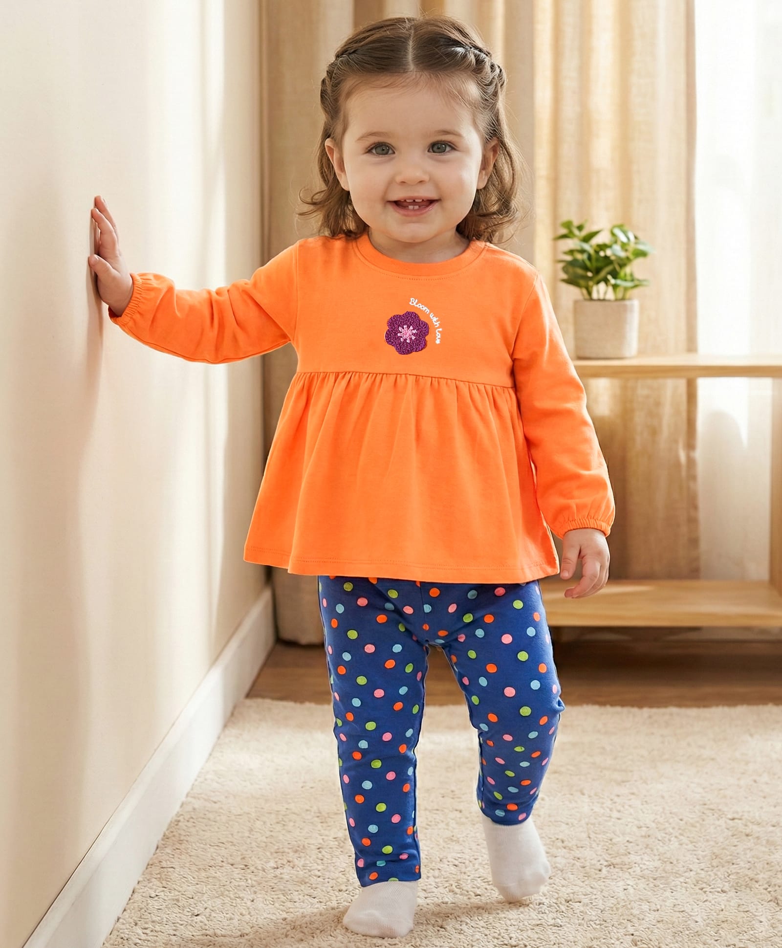 Babyoye Eco Conscious Single Jersey Knit Full Sleeves Flower Embroidered Top & Polka Dot Leggings Set - Blue & Orange-image-30
