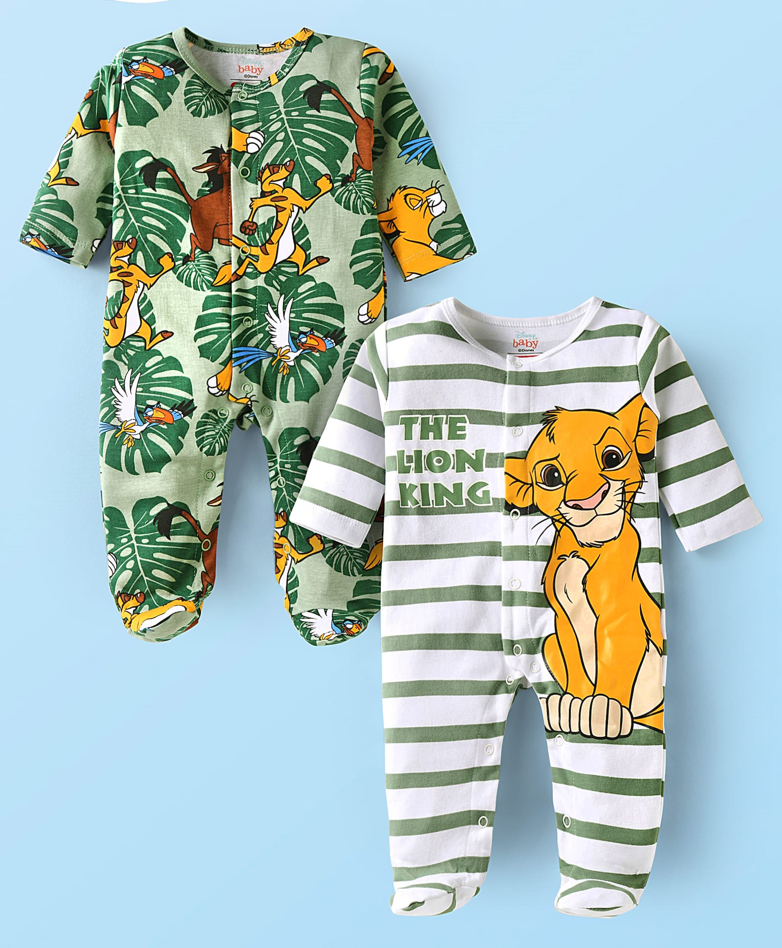 Babyhug Disney Interlock Knit Full Sleeves Footed Sleep Suit With Lion King Graphics Pack of 2 - White Olive Green-picture-13