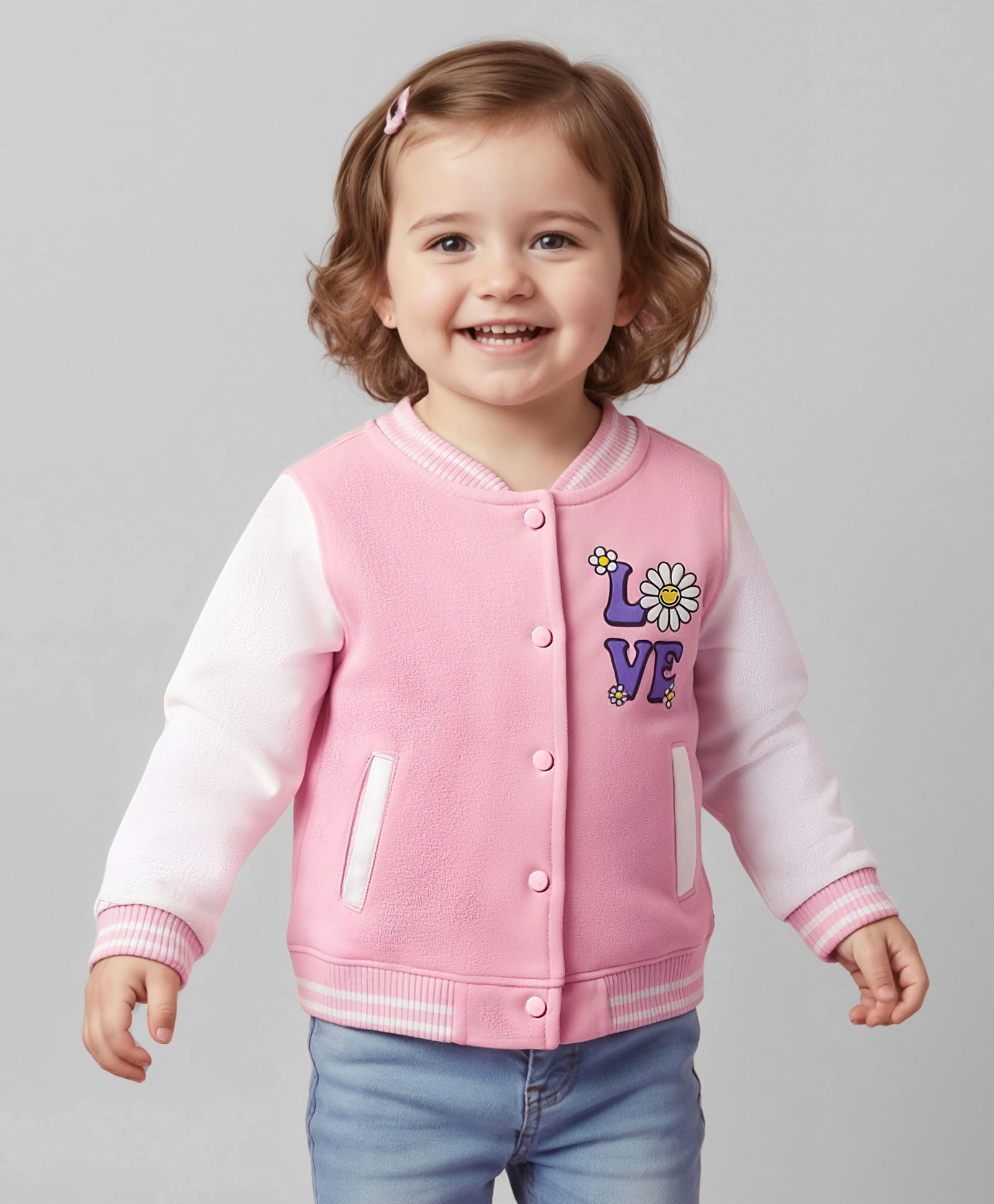 Babyoye Cotton Knit Full Sleeves Bomber Jacket With Love & Floral Print - Pink-image-26