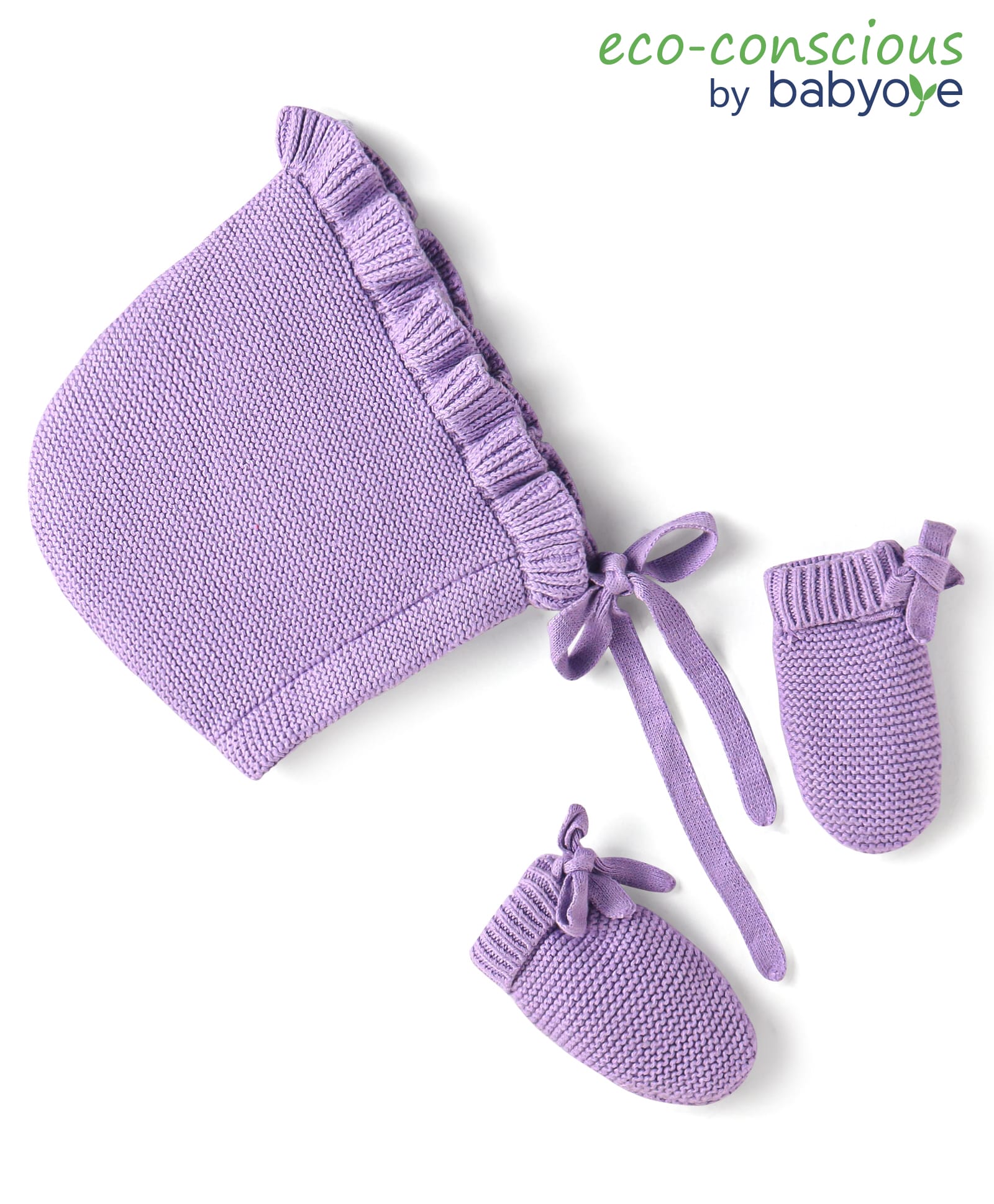 Babyoye Cotton Knit Solid Woollen Cap & Mittens with Knot Lilac - Diameter 15 cm-image-29