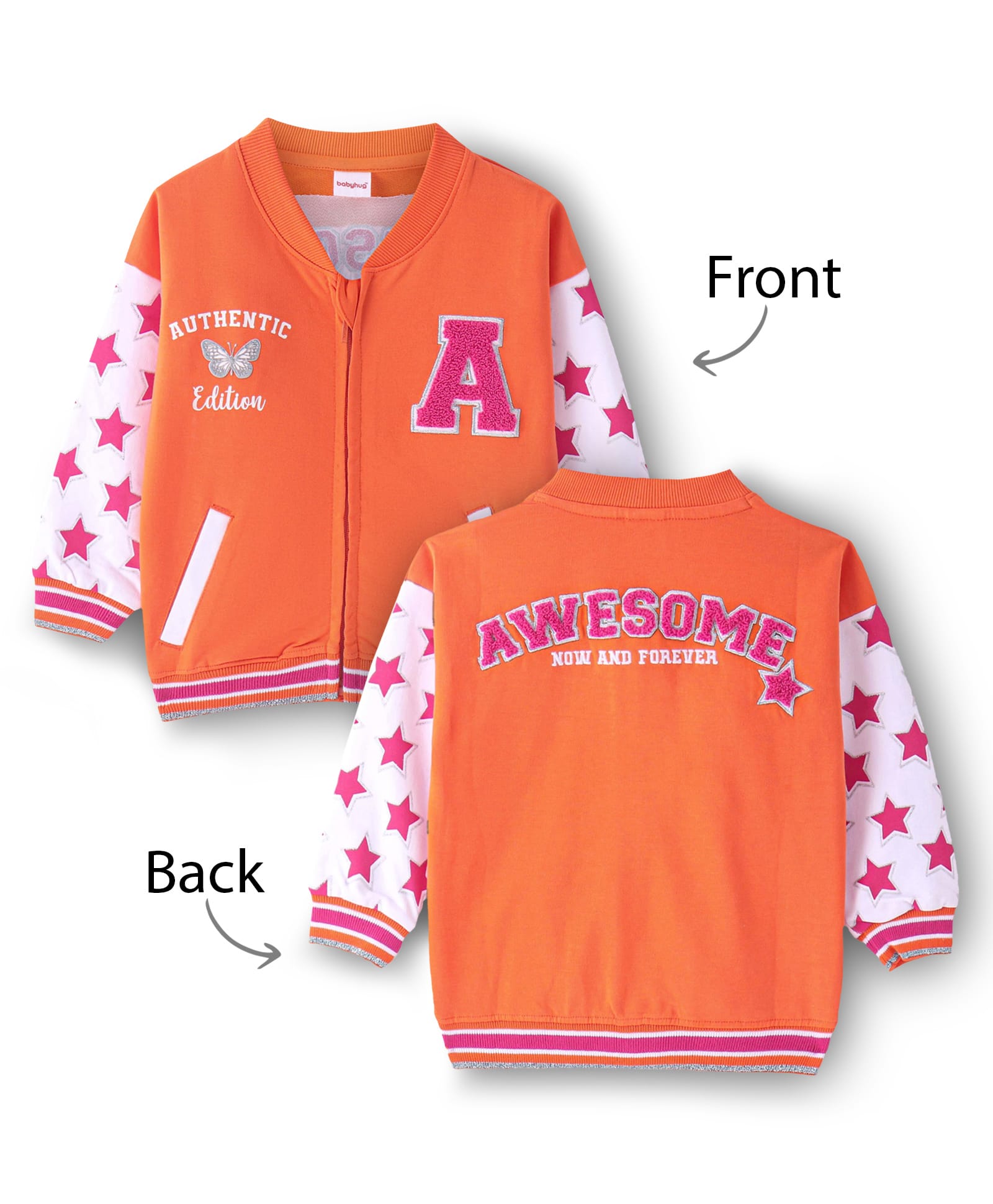Babyhug Cotton Knit Full Sleeves Drop Shoulder Bomber Jacket with Star Print & Embroidery - White & Orange-image-44