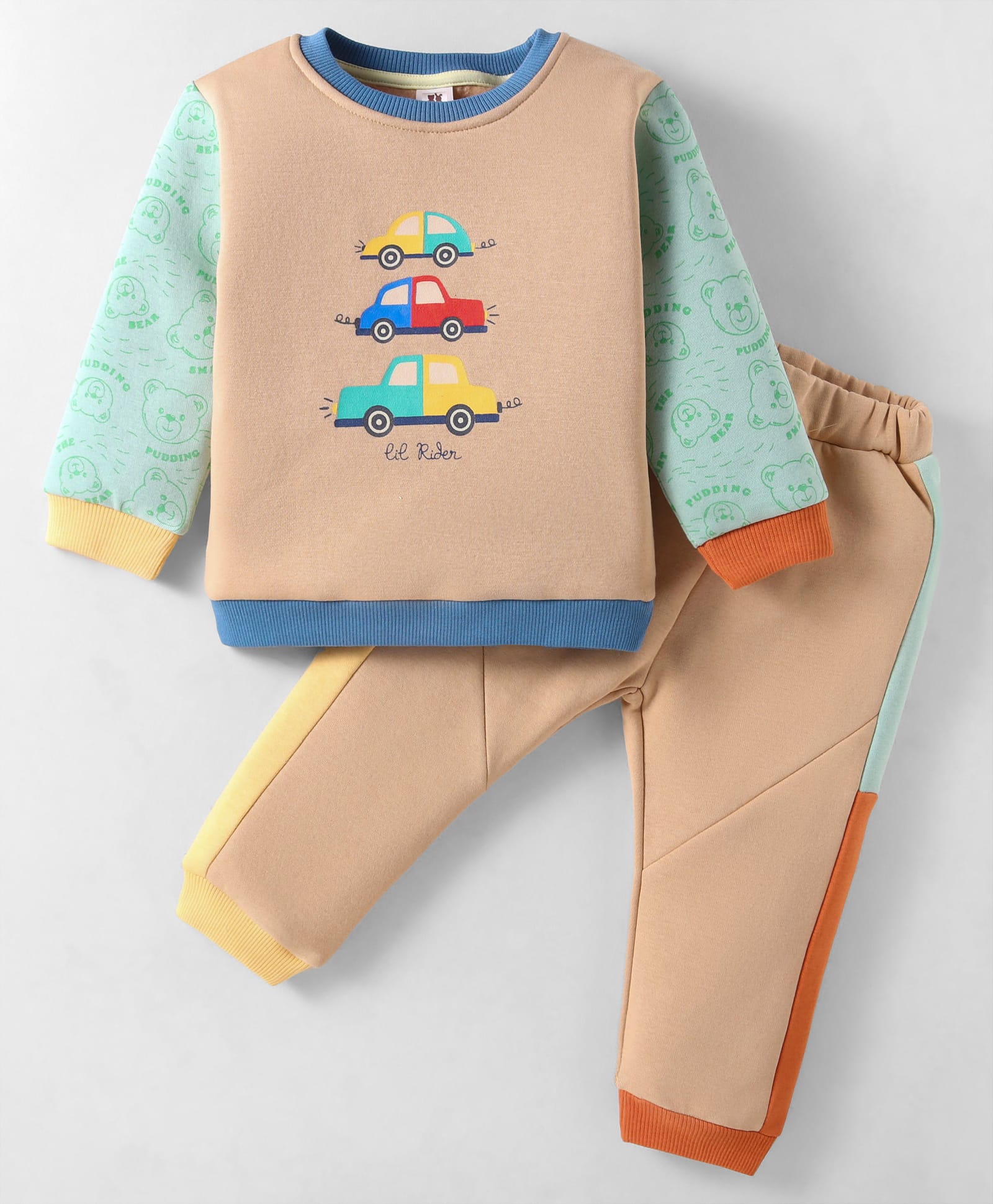 ToffyHouse Knitted Full Sleeves Winter Wear Vehicle Print T-Shirt & Lounge Pant Set - Peach & Mint-image-17