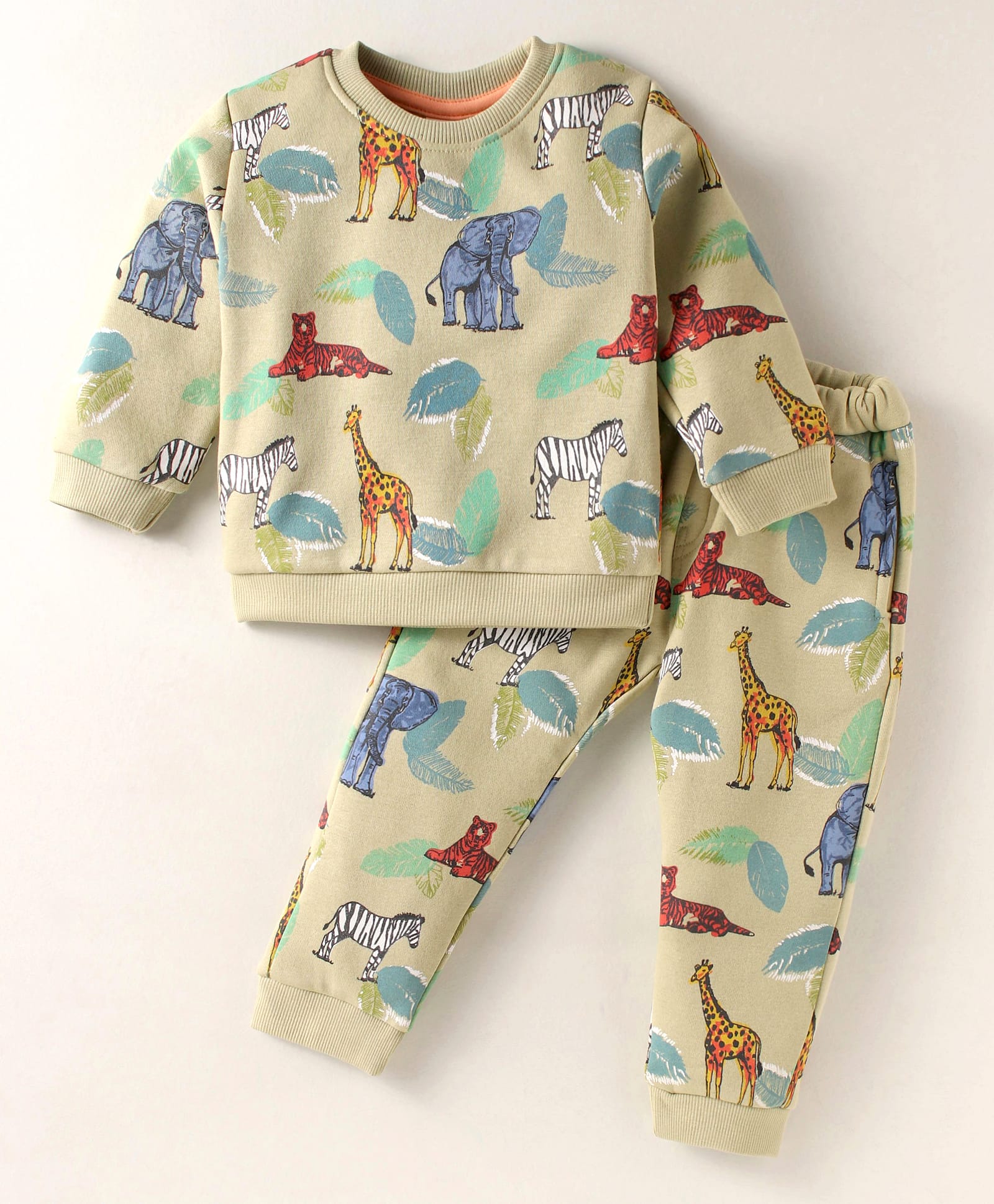 ToffyHouse Fleece Knit Full Sleeves Winter Wear T-Shirt & Lounge Pants With Animal Print - Khaki-picture-16