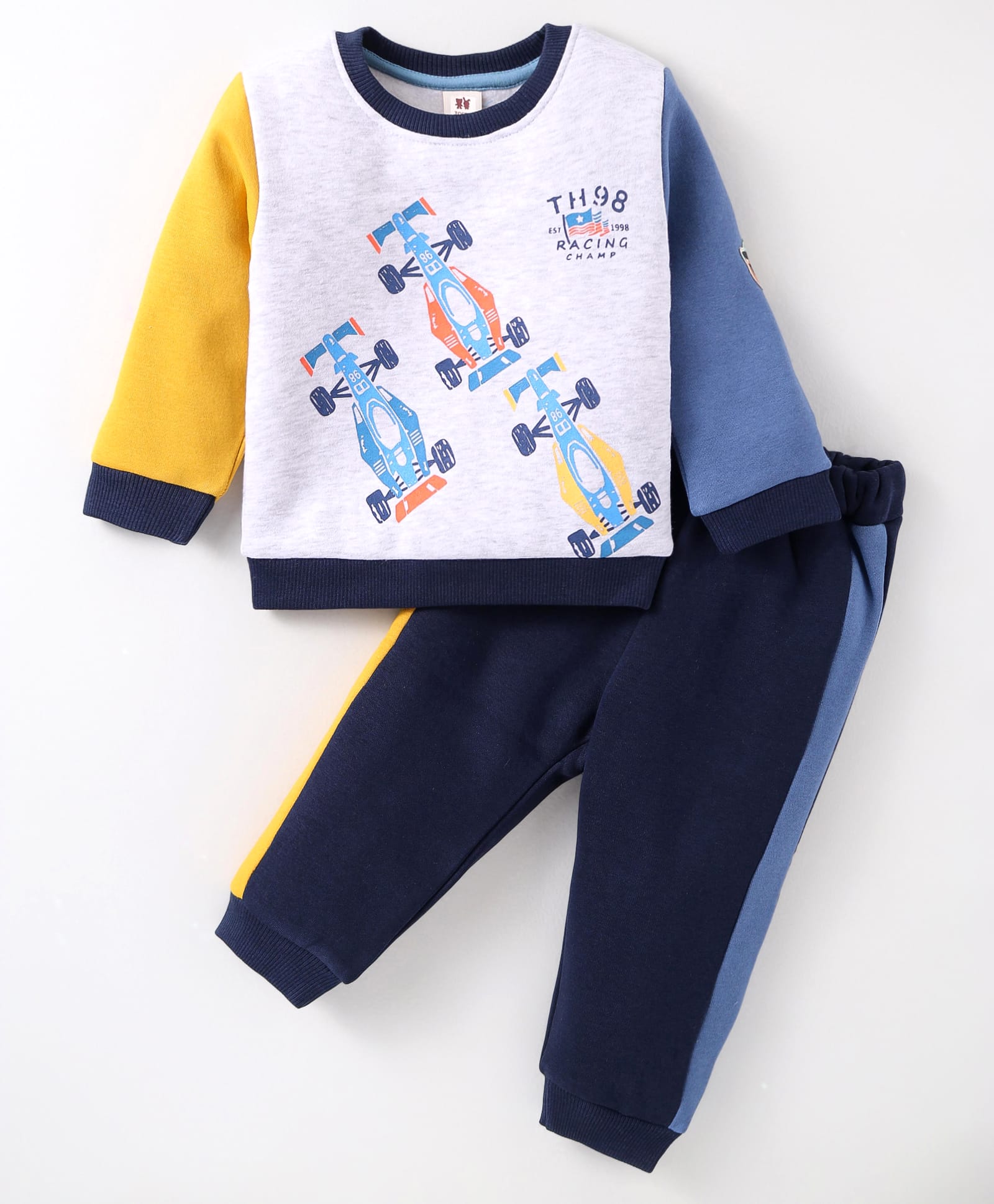 ToffyHouse Cotton Full Sleeves Winter Wear T-Shirt with Vehicle Print & Cut & Sew Joggers Set - Grey & Blue-picture-17