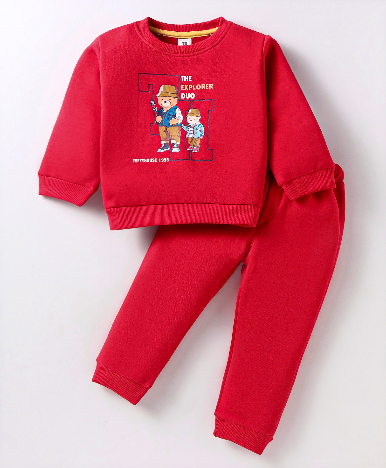ToffyHouse Fleece Knit Full Sleeves Winter Wear Set With Teddy Bear Print - Red-image-38