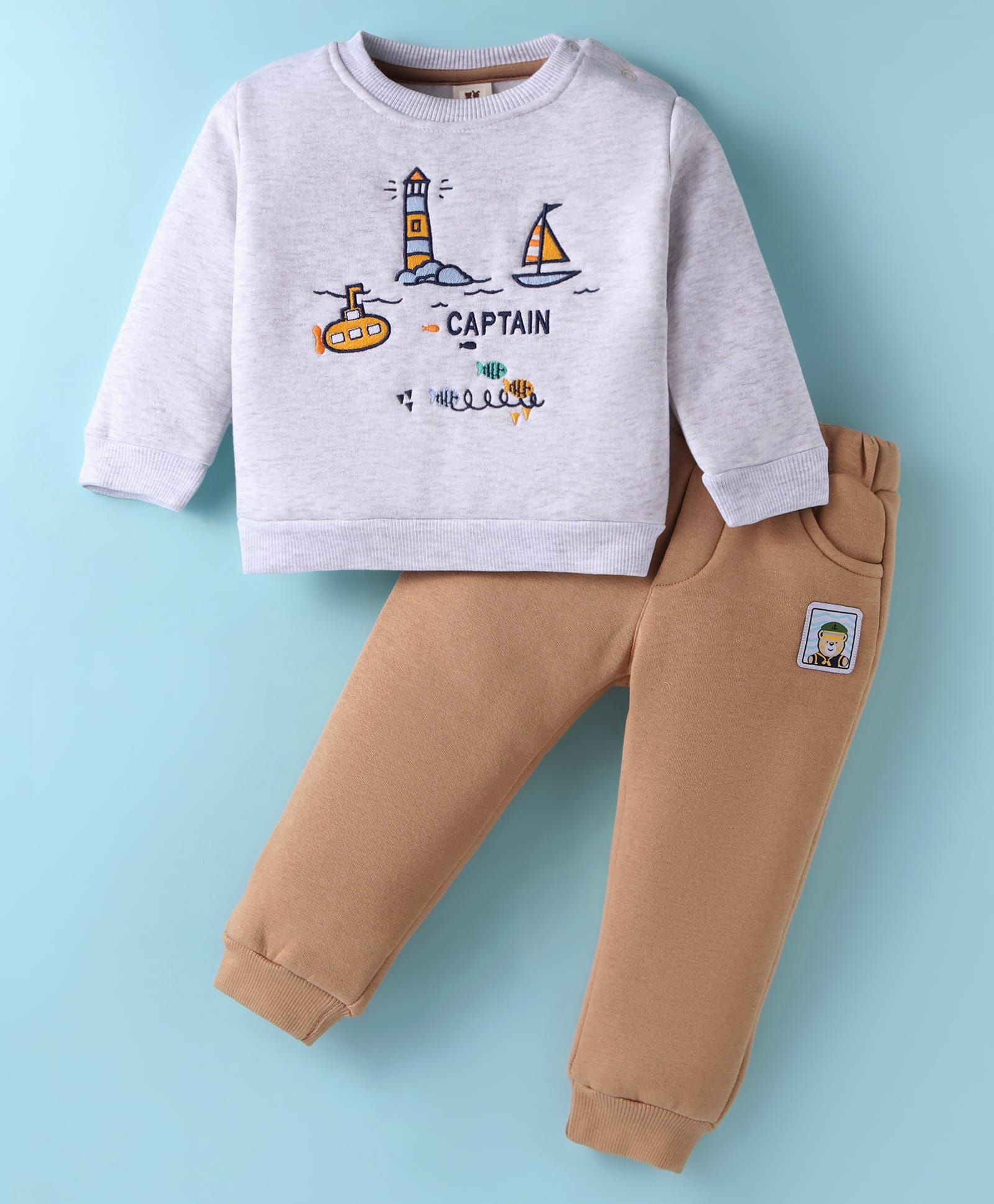 ToffyHouse 100% Cotton Knit Full Sleeves Nautical Theme Embroidered Winter Wear T-Shirt & Joggers Set - Grey & Tan-image-27