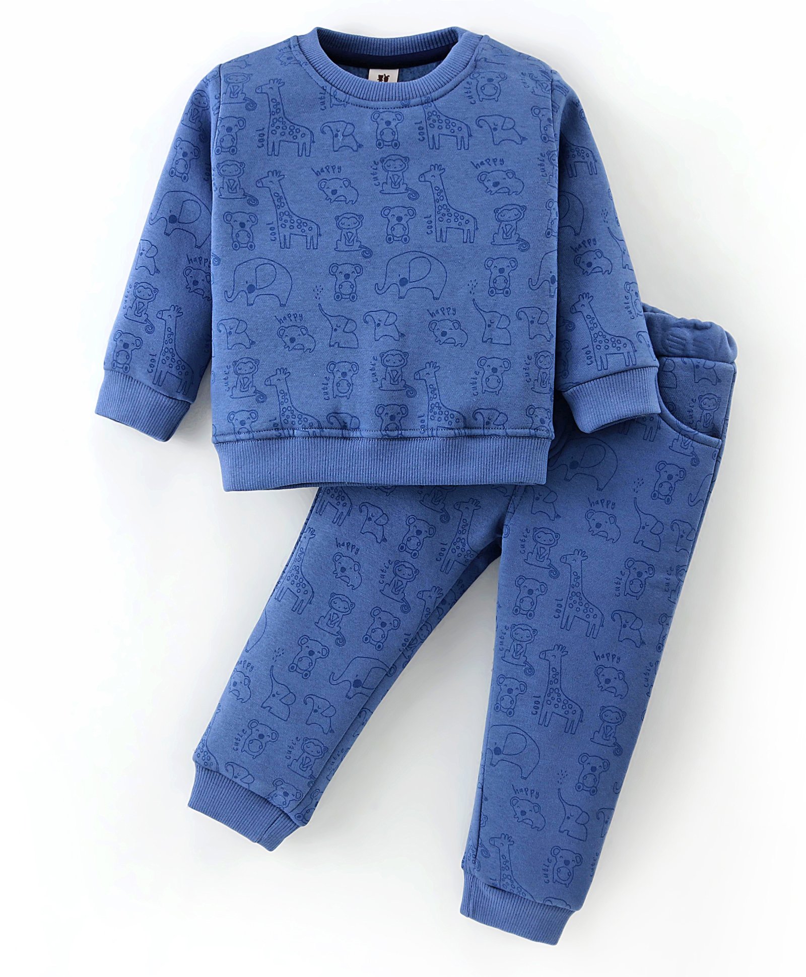 ToffyHouse 100% Cotton Fleece Knit Full Sleeves Winter Night Suit With Animals Print - Royal Blue-image-20