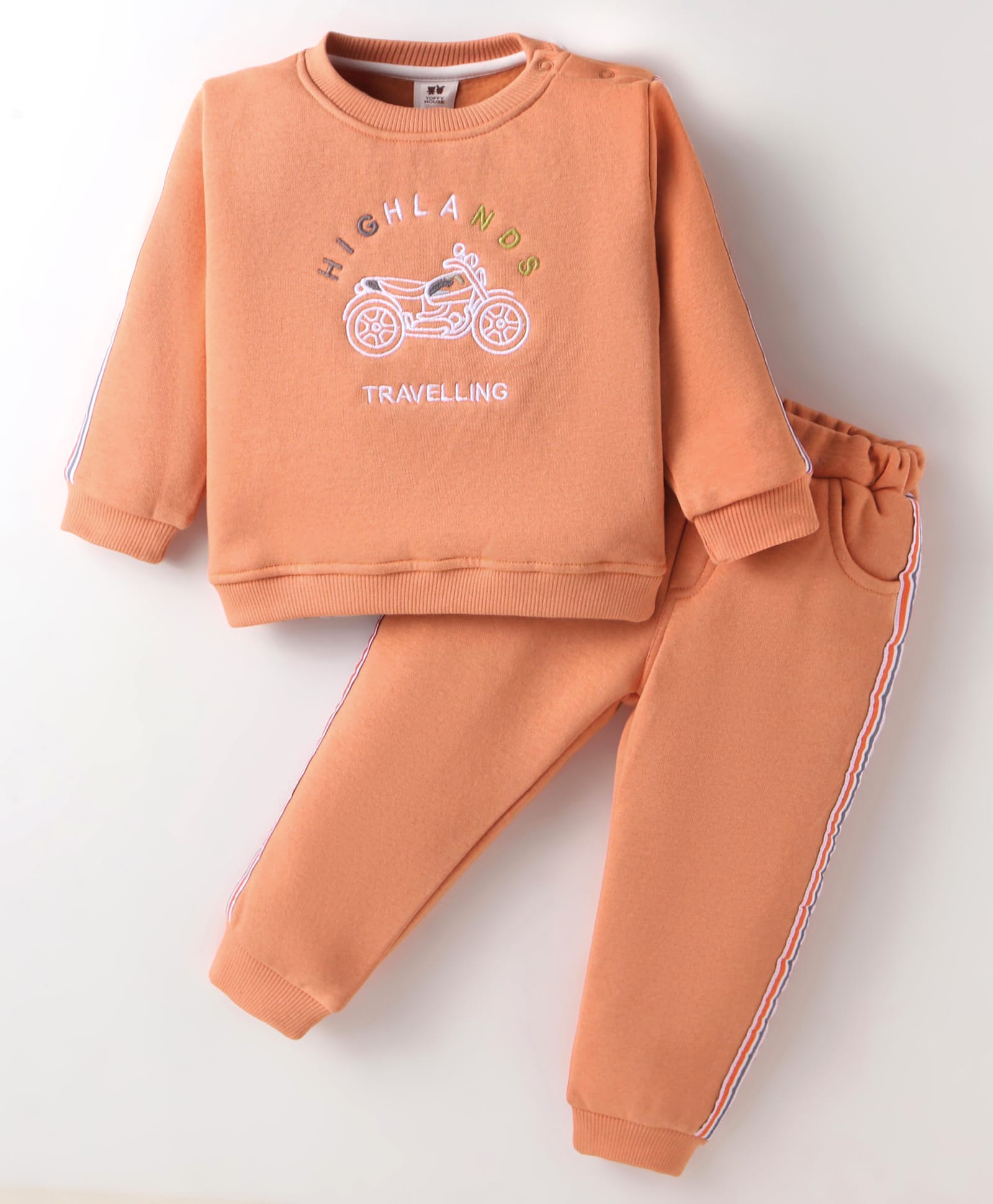 ToffyHouse Fleece Knit Full Sleeves Winter Wear T-Shirt & Joggers Set with Bike & Text Embroidery - Orange-image-5