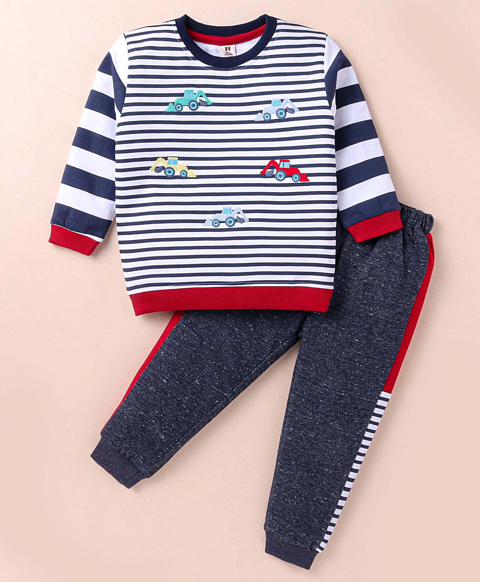 ToffyHouse 100% Cotton Knit Full Sleeves Striped T-Shirt & Joggers Set with JCB Embroidery - Navy Blue-image-24