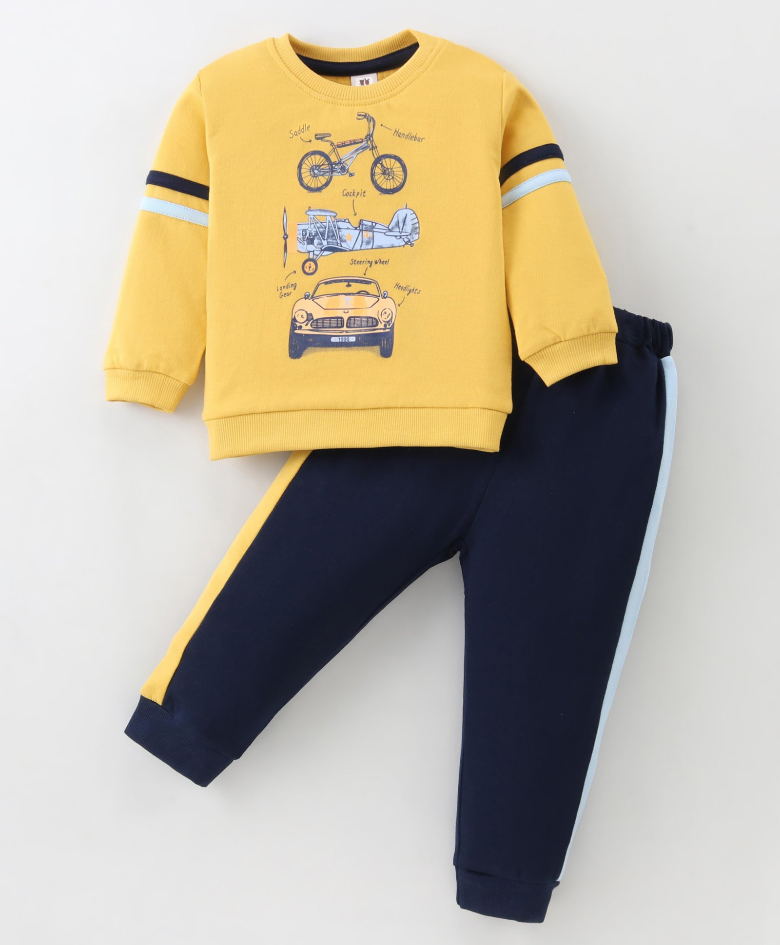 ToffyHouse 100% Cotton Knit Full Sleeves Vehicles Printed T-Shirt & Lounge Pants Set - Golden-image-6