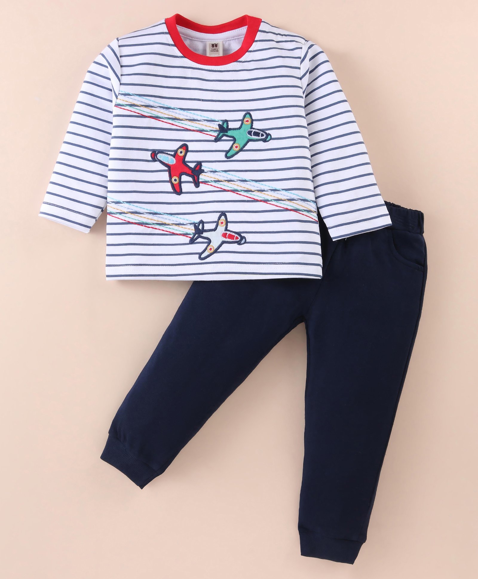 ToffyHouse 100% Cotton Knit Full Sleeves Striped & Aeroplane Printed T-Shirt & Lounge Pants Set - Navy Blue & White-picture-6
