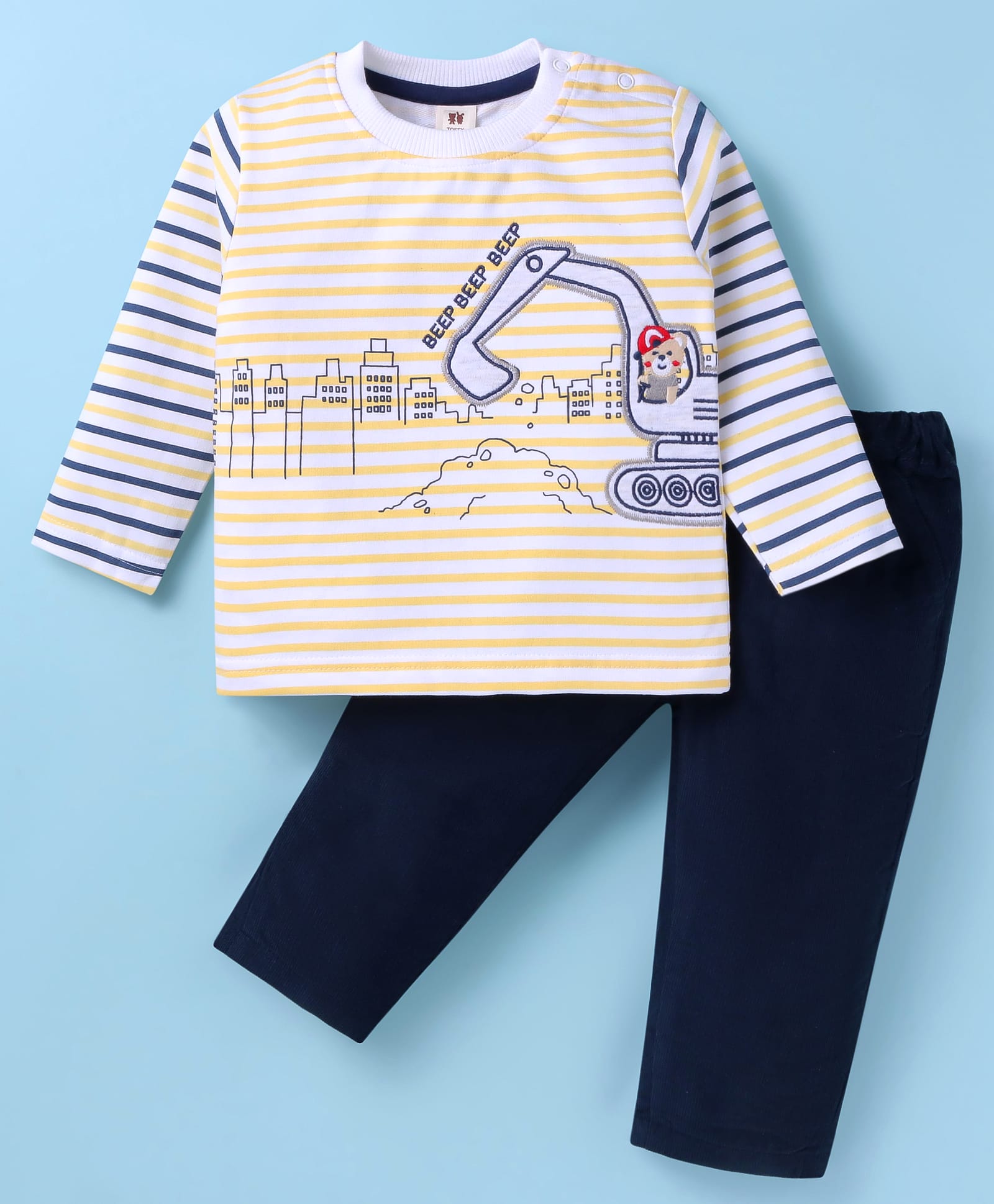 ToffyHouse 100% Cotton Knit Full Sleeves Striped T-Shirt & Trouser Set with JCB Patch - Cream-picture-35