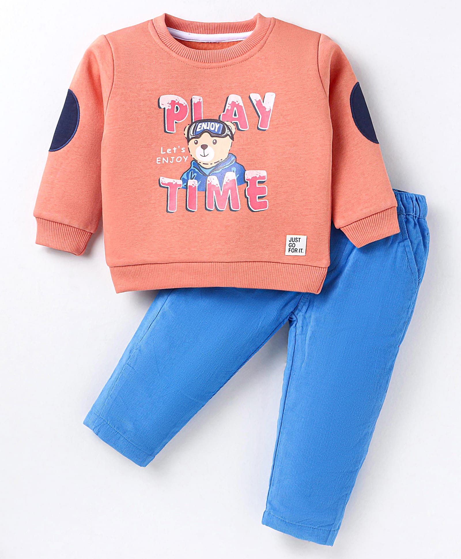 ToffyHouse 100% Cotton Knit Full Sleeves Winter Wear Sweatshirt & Joggers Set with Text & Bear Print - Dark Peach-image-36