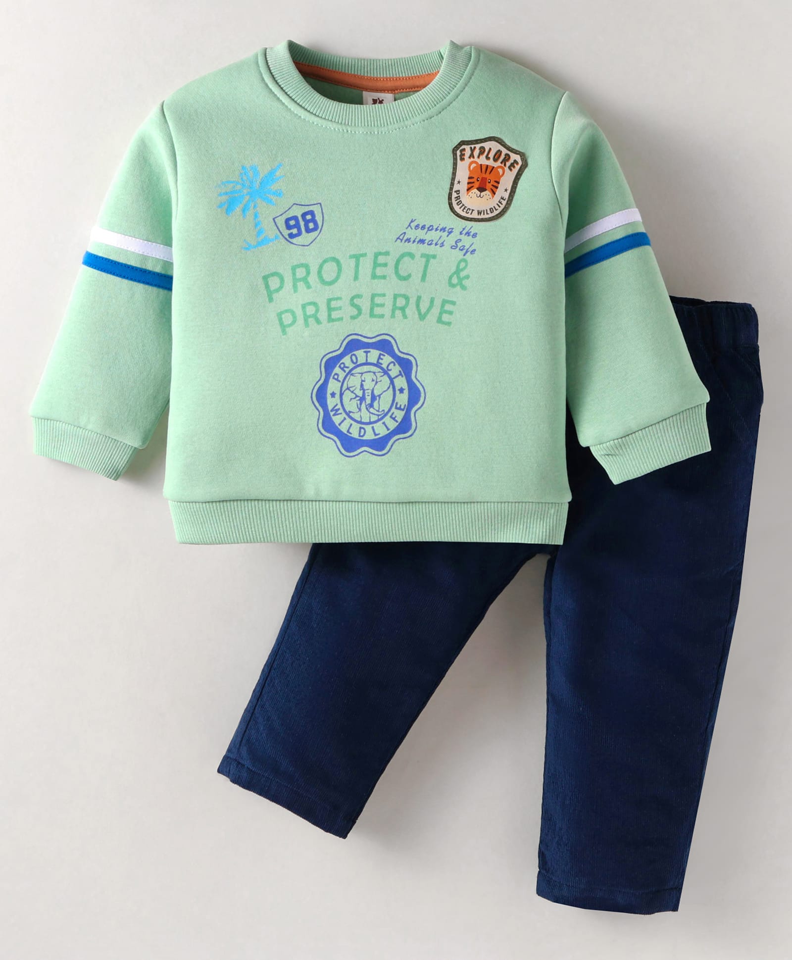 ToffyHouse Fleece Knit Full Sleeves Winter Wear T-Shirt & Lounge Pant Set With Text Print - Light Green-picture-11