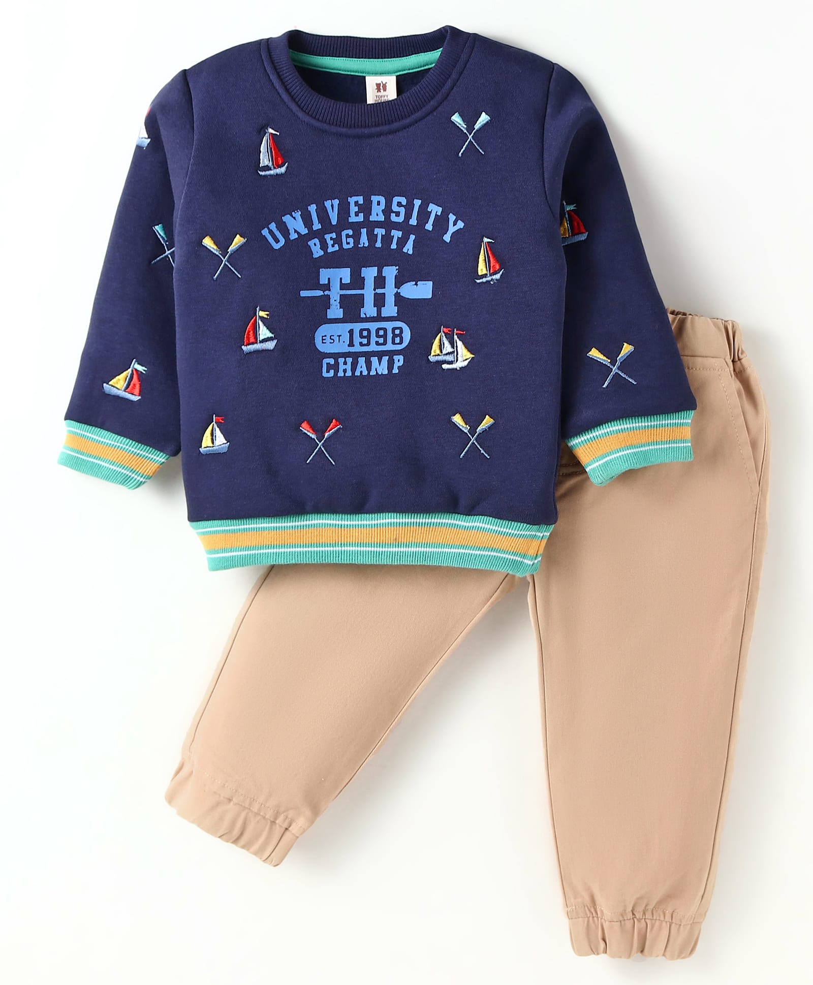 ToffyHouse Fleece Knit Full Sleeves Winter Wear T-Shirt & Lounge Pant Set with Nautical Theme Print - Navy Blue-picture-41