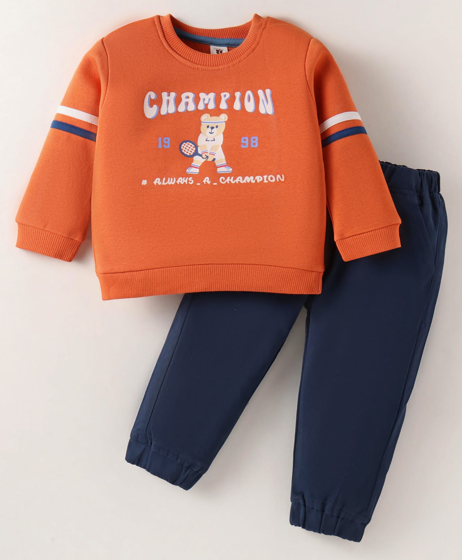 ToffyHouse Fleece Knit Full Sleeves Winter Wear T-Shirt & Lounge Pant Set With Animal Print - Orange-image-42