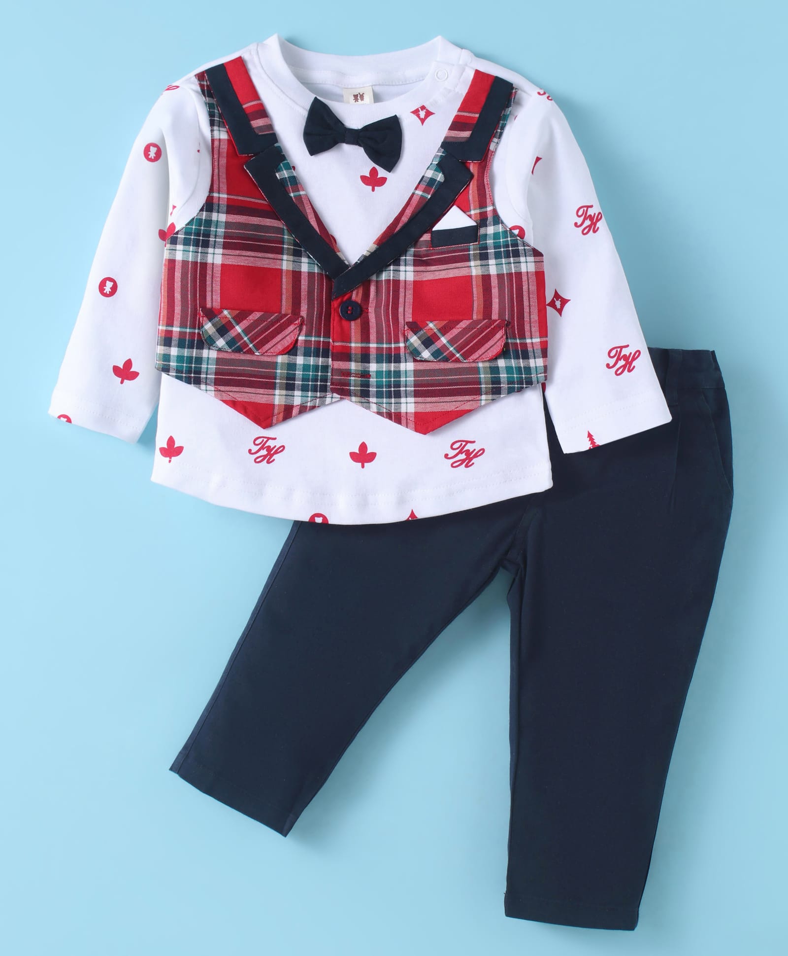 ToffyHouse Knit Full Sleeves Checks & Printed T-Shirt & Trouser Set With Attached Waistcoat & Bow Applique - Red White & Navy Blue-image-46
