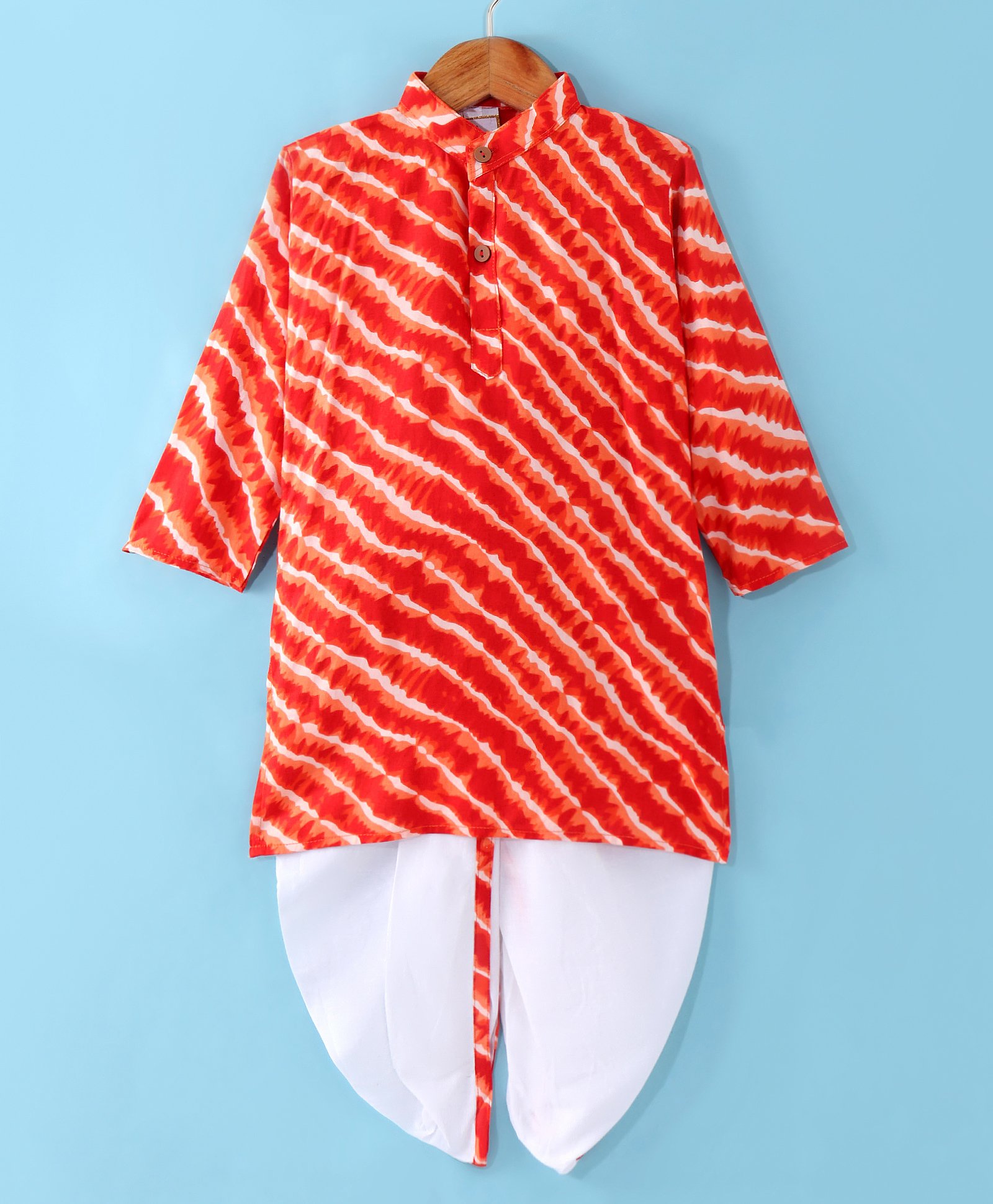 Teentaare Cotton Woven Full Sleeves Leheriya Printed Kurta Pyjama Set - Red-image-17