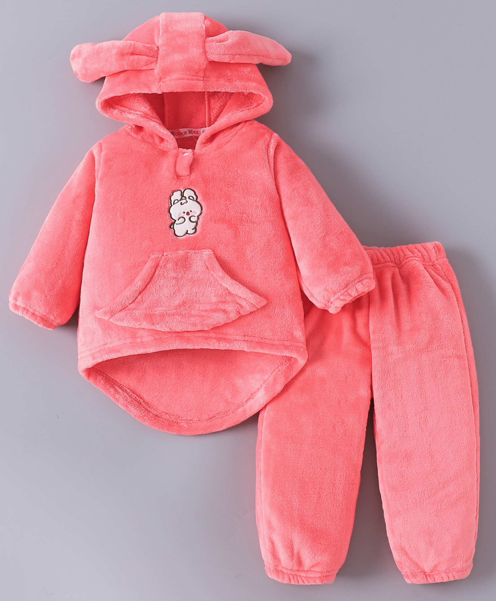 Kookie Kids Full Sleeves Hooded T-Shirt & Lounge Pant Set with Bear Patch - Pink-picture-22