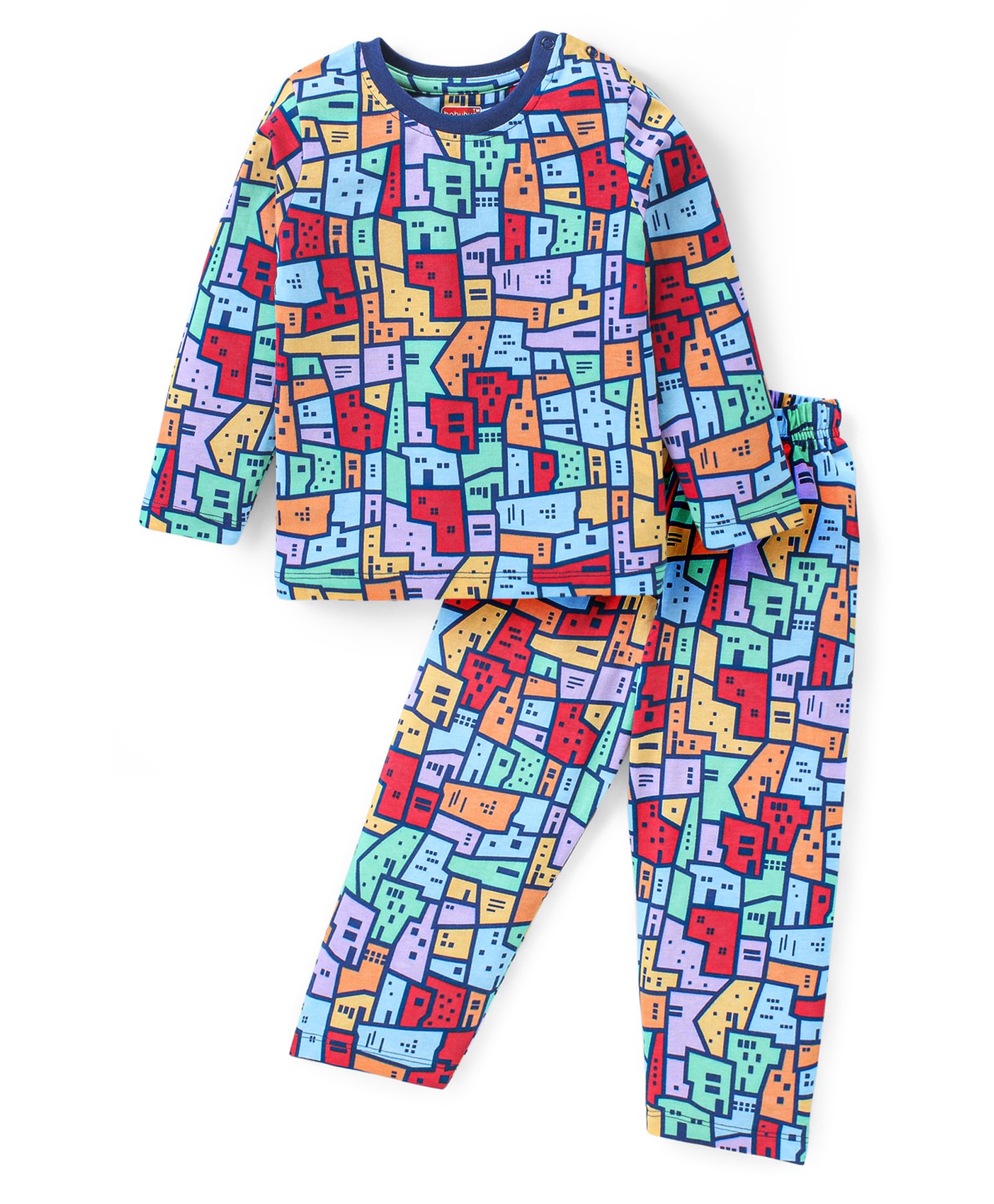 Babyhug Cotton KnitFull Sleeves Night Suit with House Print - Multicolour-image-20