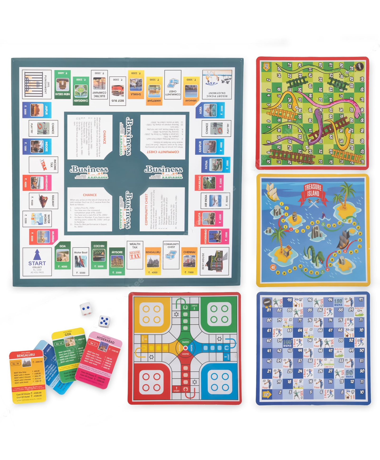 Baybee 5 in 1 Business India Board Game with Plastic Coins Along with Other Board Games Like Ludo, Snakes Ladder, Treasure Island & Cricket Game for Kids-picture-17