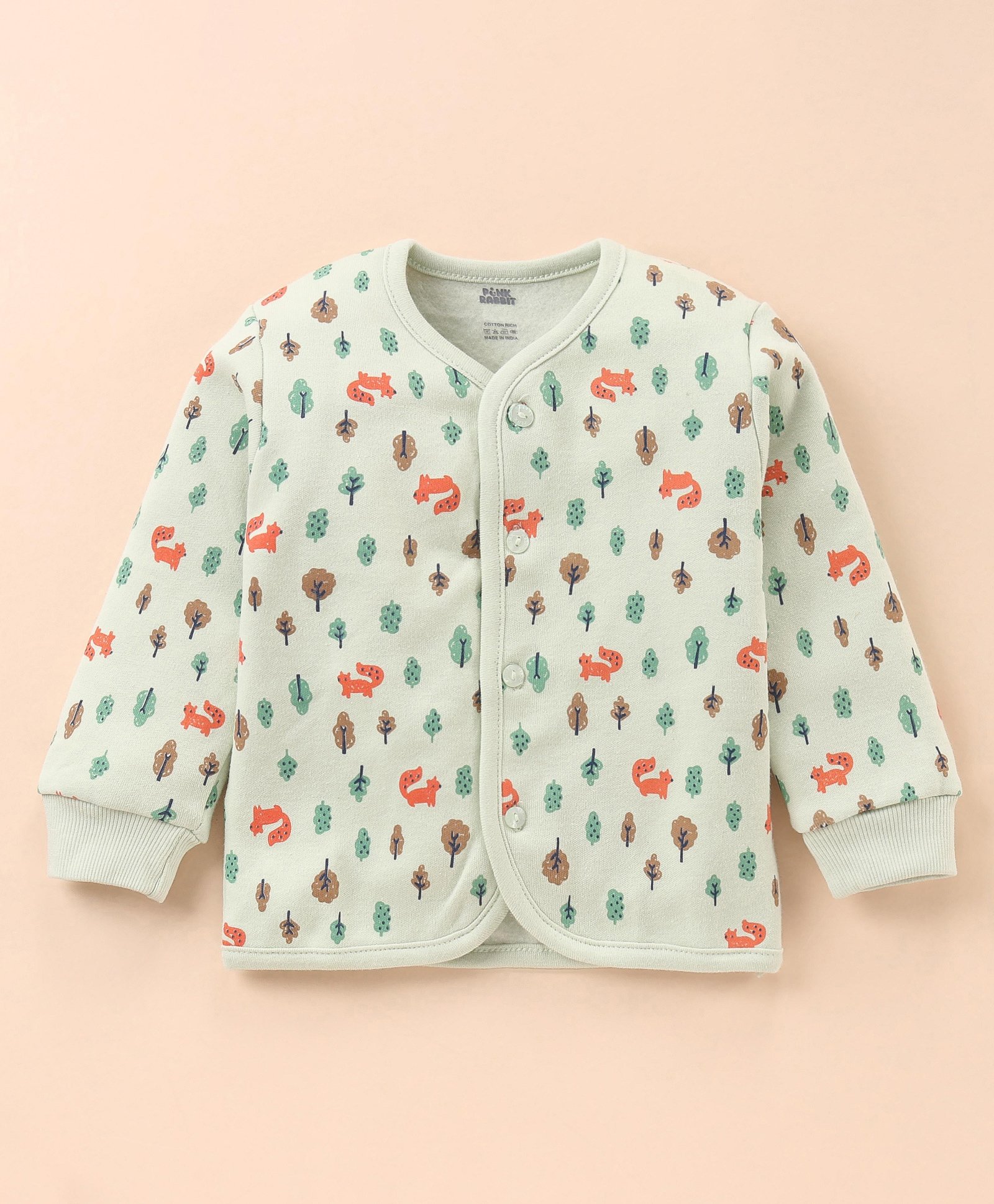 Pink Rabbit Fleece Knit Full Sleeves Front Open Vests With Fox Print - Green-image-30