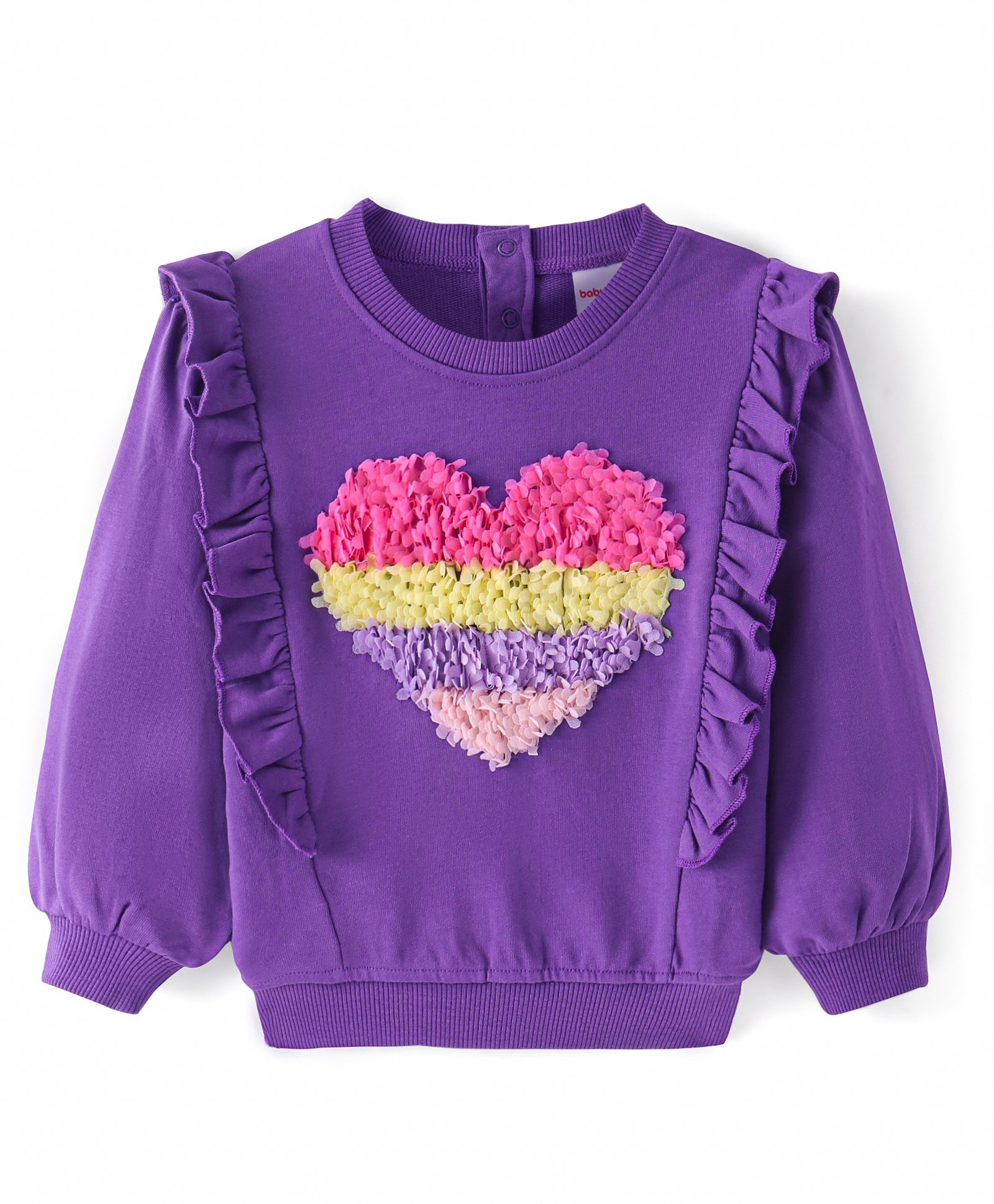 Babyhug Cotton Knit Full Sleeves Solid Coloured Sweatshirt with Heart Embroidery & Frill Detailing - Purple-picture-35