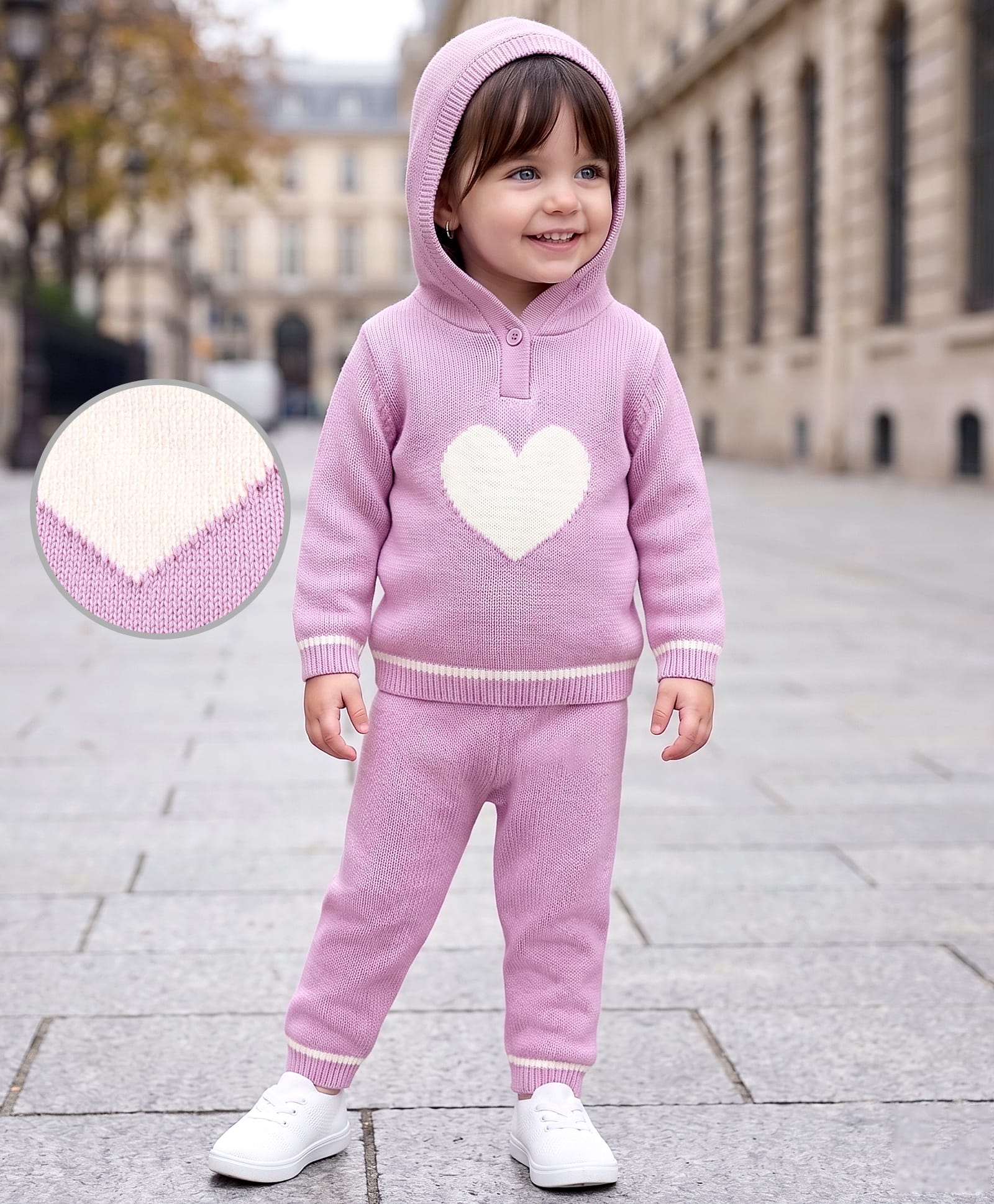 Babyoye Cotton Knit Full Sleeves Pullover HoodedSweater Set with Heart Design - Pink-image-31