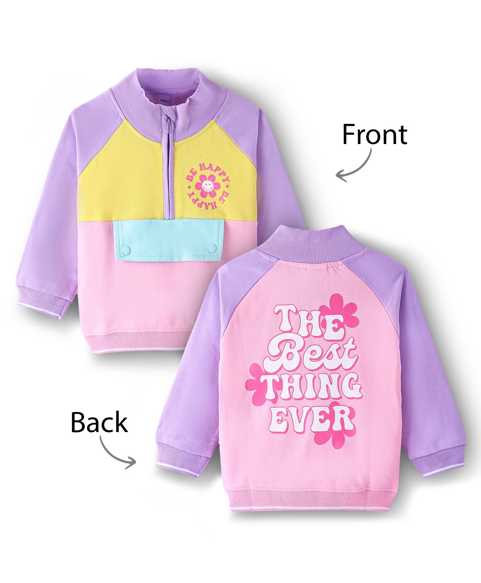 Babyhug Cotton Knit Full Raglan Sleeves High Neck Sweatshirt with Cut & Sew Design & Floral Print -  Pink-picture-34