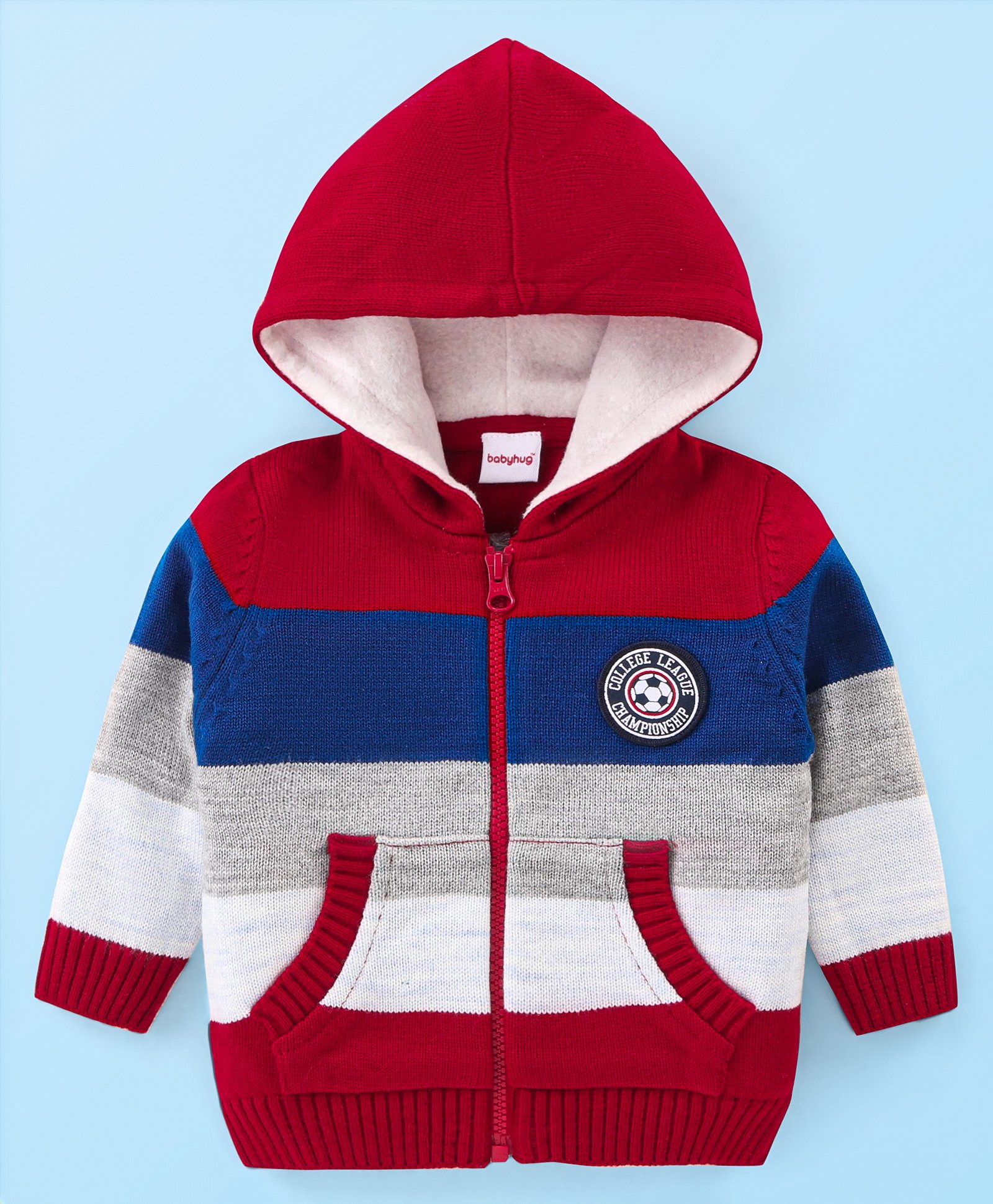 Babyhug Knitted Full Sleeves Hooded Front Open Sweater with Colour Block Design & Patch Applique - Red-picture-20