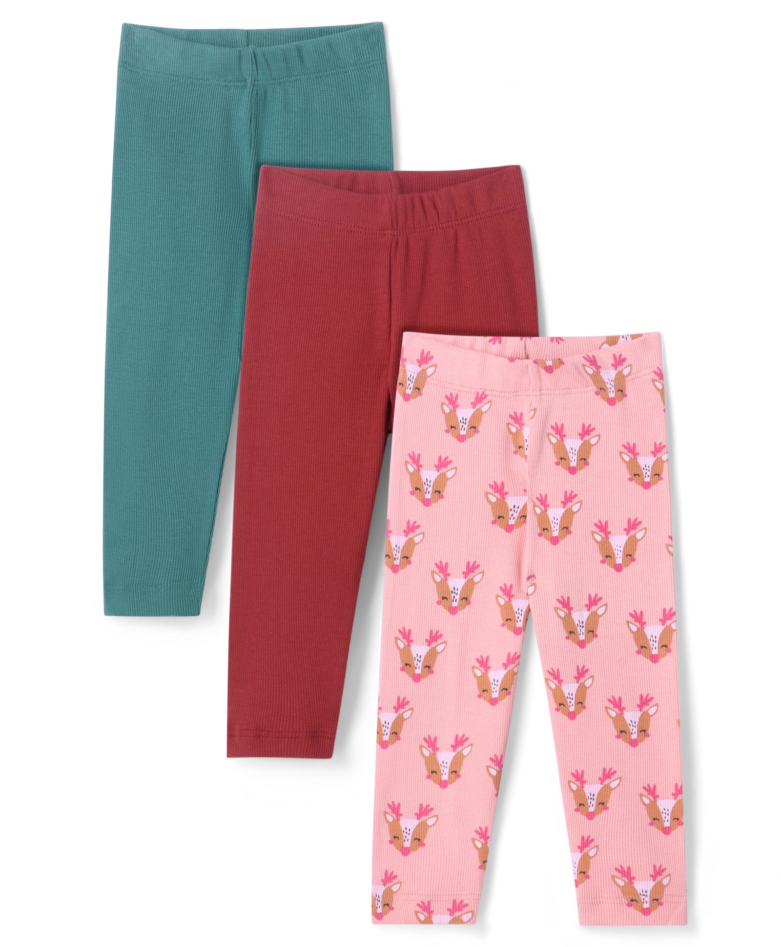 Bonfino 100% Cotton Rib Full Length Leggings With Solid Color & Deer Print Pack Of 3 - Maroon Teal & Pink-image-16