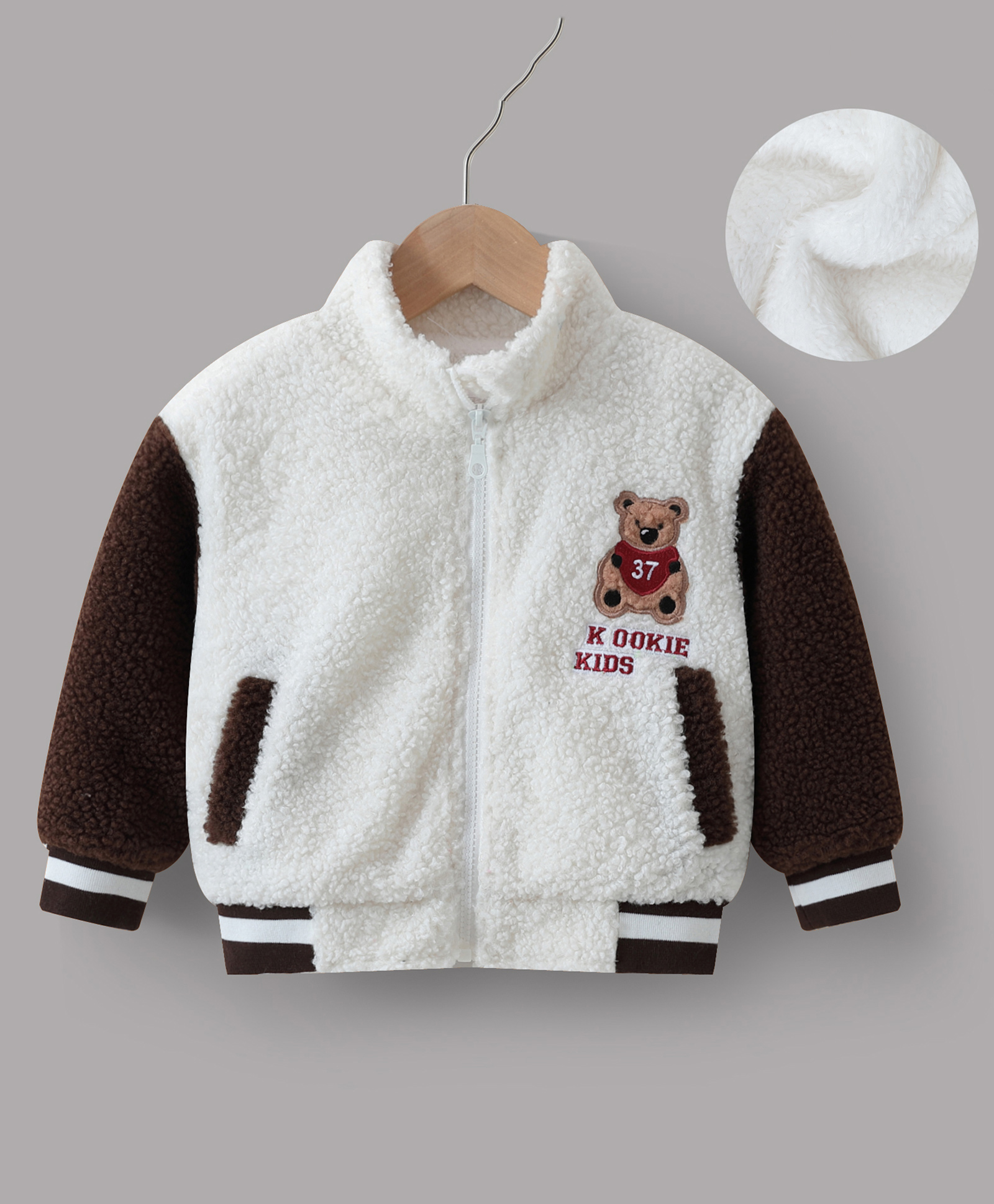 Kookie Kids Full Sleeves Fur Winter Bomber Jacket with Bear Embroidery & Pockets - Brown & White-image-9