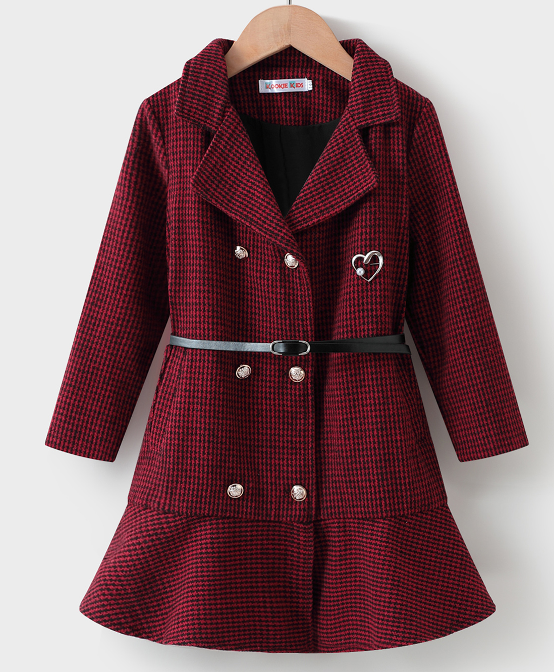 Kookie Kids Full Sleeves Checkered Trench Coat with Belt & Heart Applique - Maroon-image-4