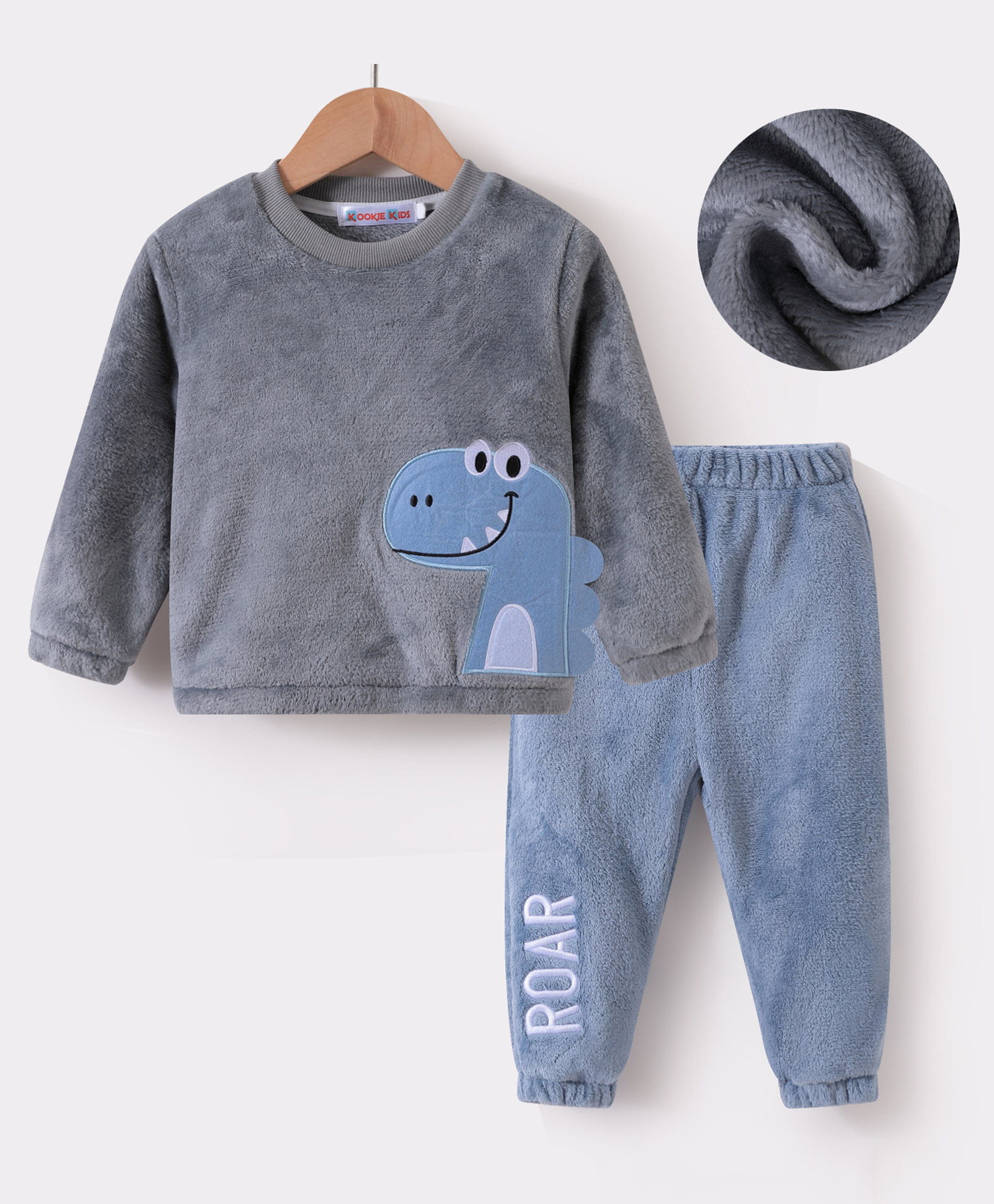Kookie Kids Full Sleeves Winter Wear Suit With Dino Applique - Grey-image-20