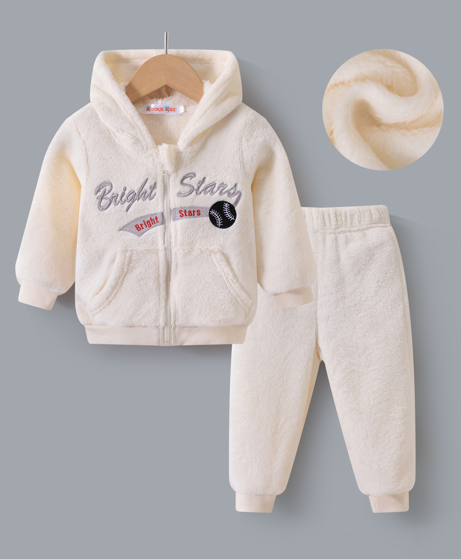 Kookie Kids Full Sleeves Hooded Sweat Jacket & Lounge Pant Set With Text Print - Beige-image-35