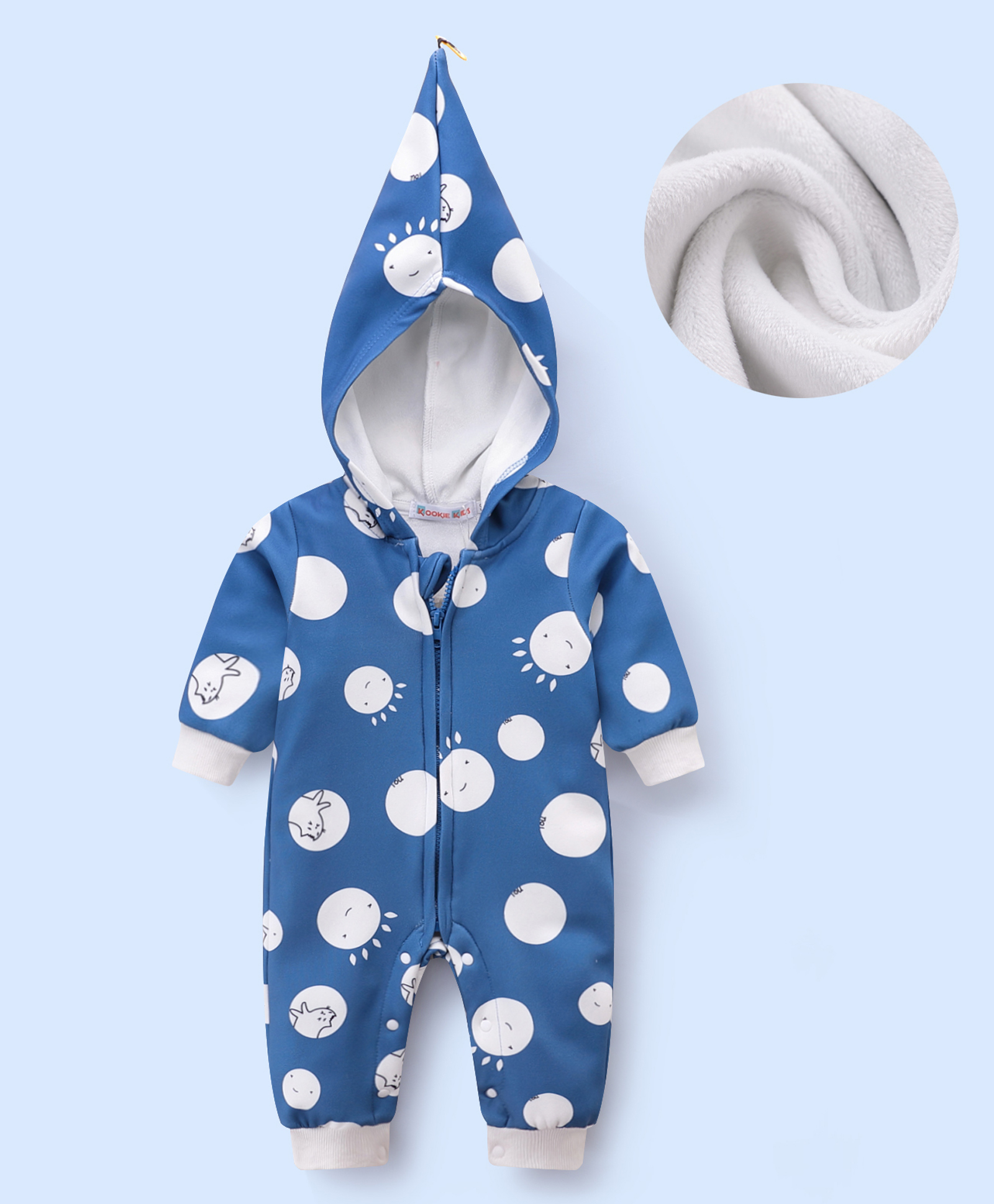 Kookie Kids Full Sleeves Winter Wear Printed Hooded Romper-Blue-image-15