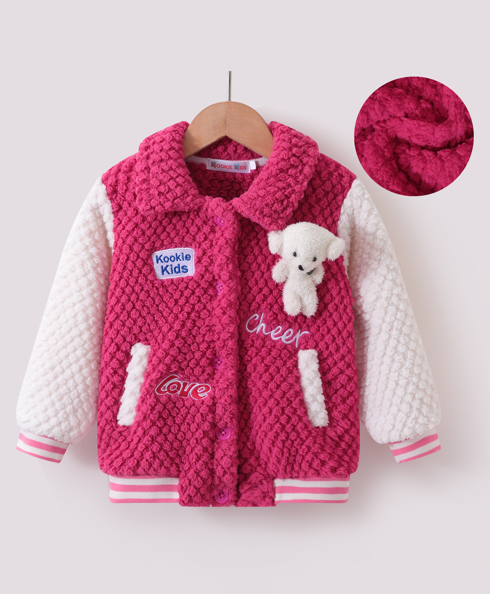 Kookie Kids Full Sleeves Collared Winter Fur Jacket with Teddy Bear Applique & Pockets - Fuchsia-image-17
