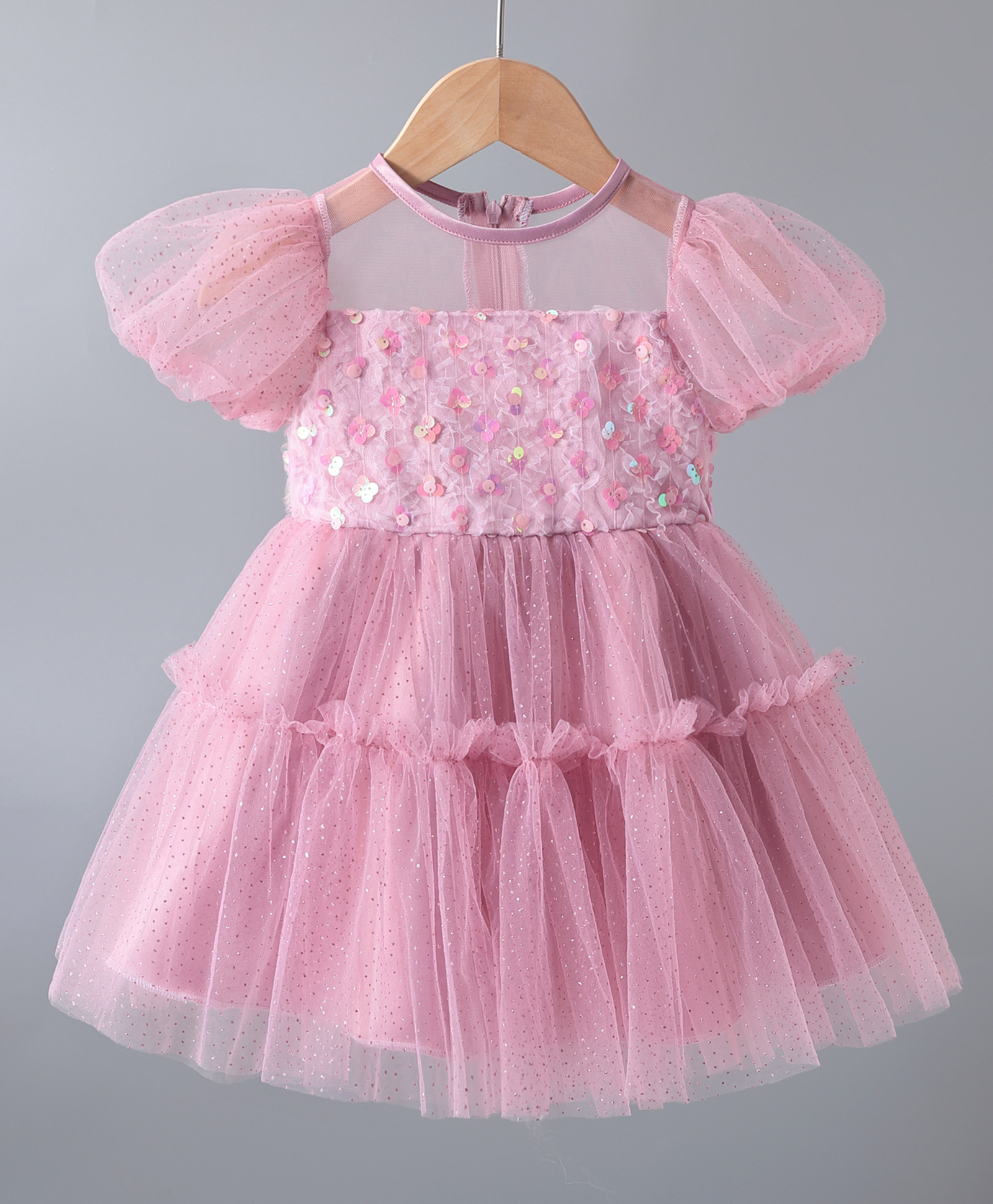 Kookie Kids Half Sleeves Frock With Sequin Detailing - Pink-picture-30