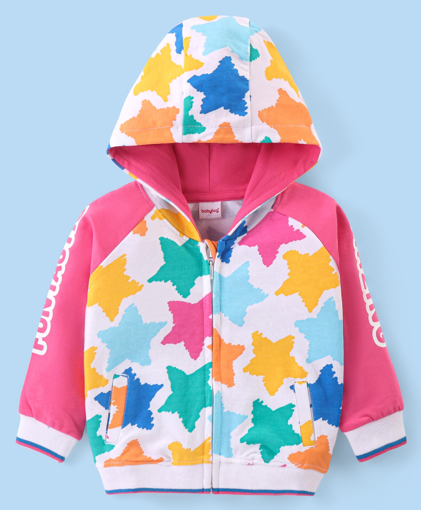 Babyhug Cotton Knit Full Raglan Sleeves Front Open Hooded Sweatjacket with Stars Print - Pink & White