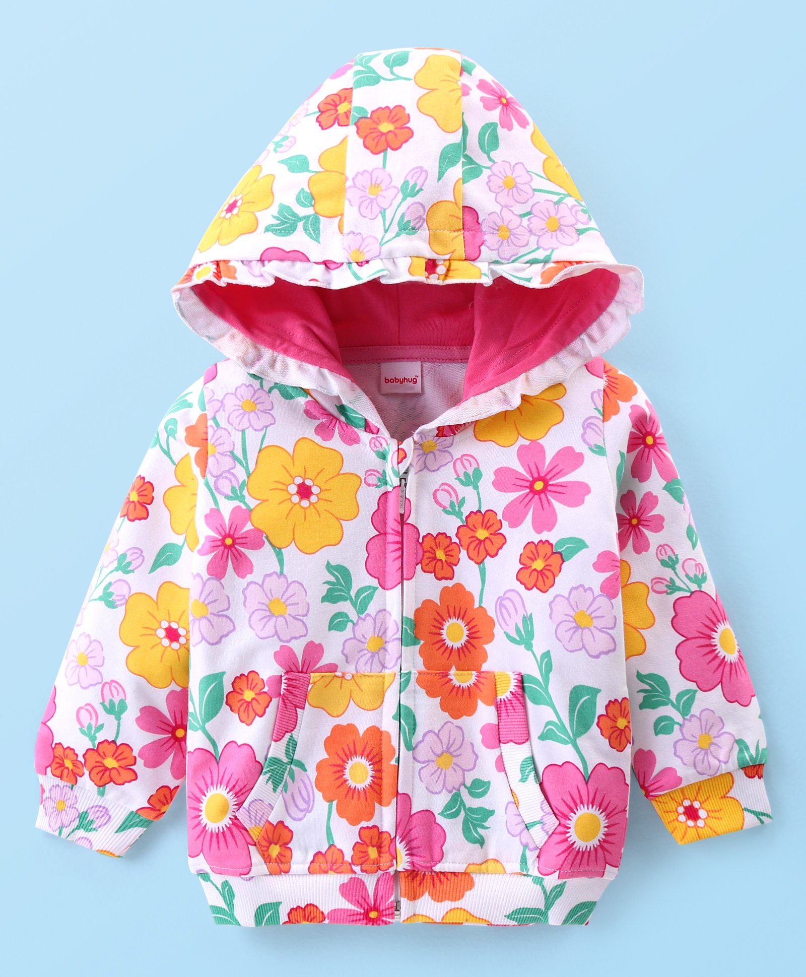 Babyhug Cotton Knit Full Sleeves Hooded Sweatjacket with Floral Print & Kangaroo Pockets - White-image-38