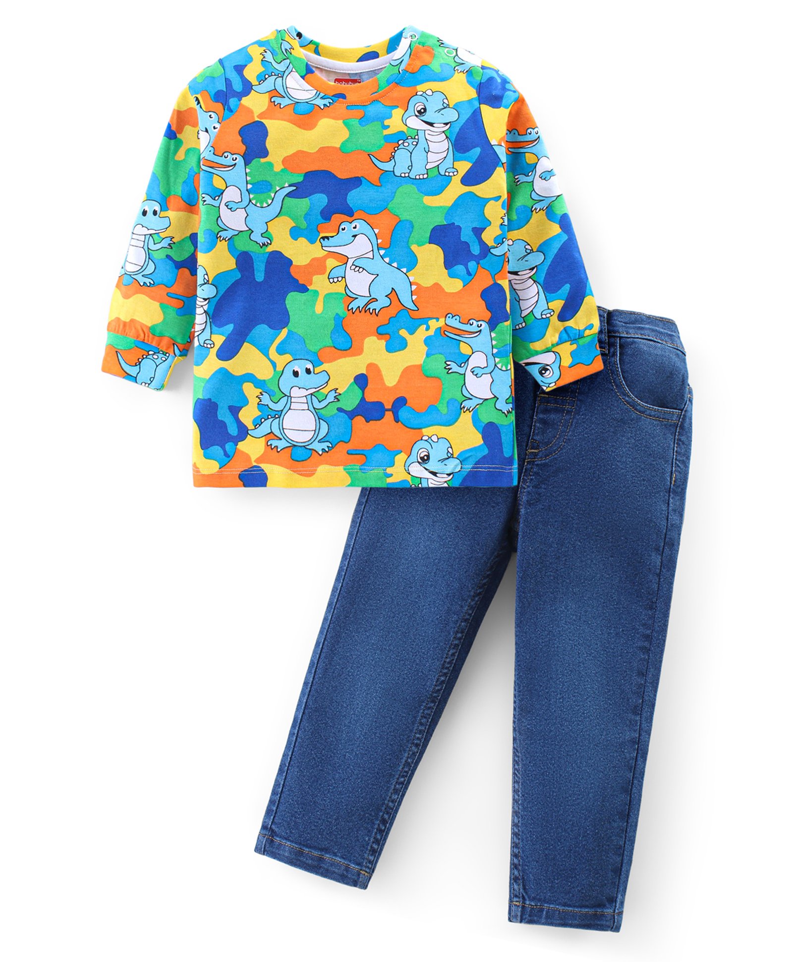 Babyhug Cotton Knit Full Sleeves Dino & Croc Printed T-Shirt With Denim Jeans - Blue-image-32
