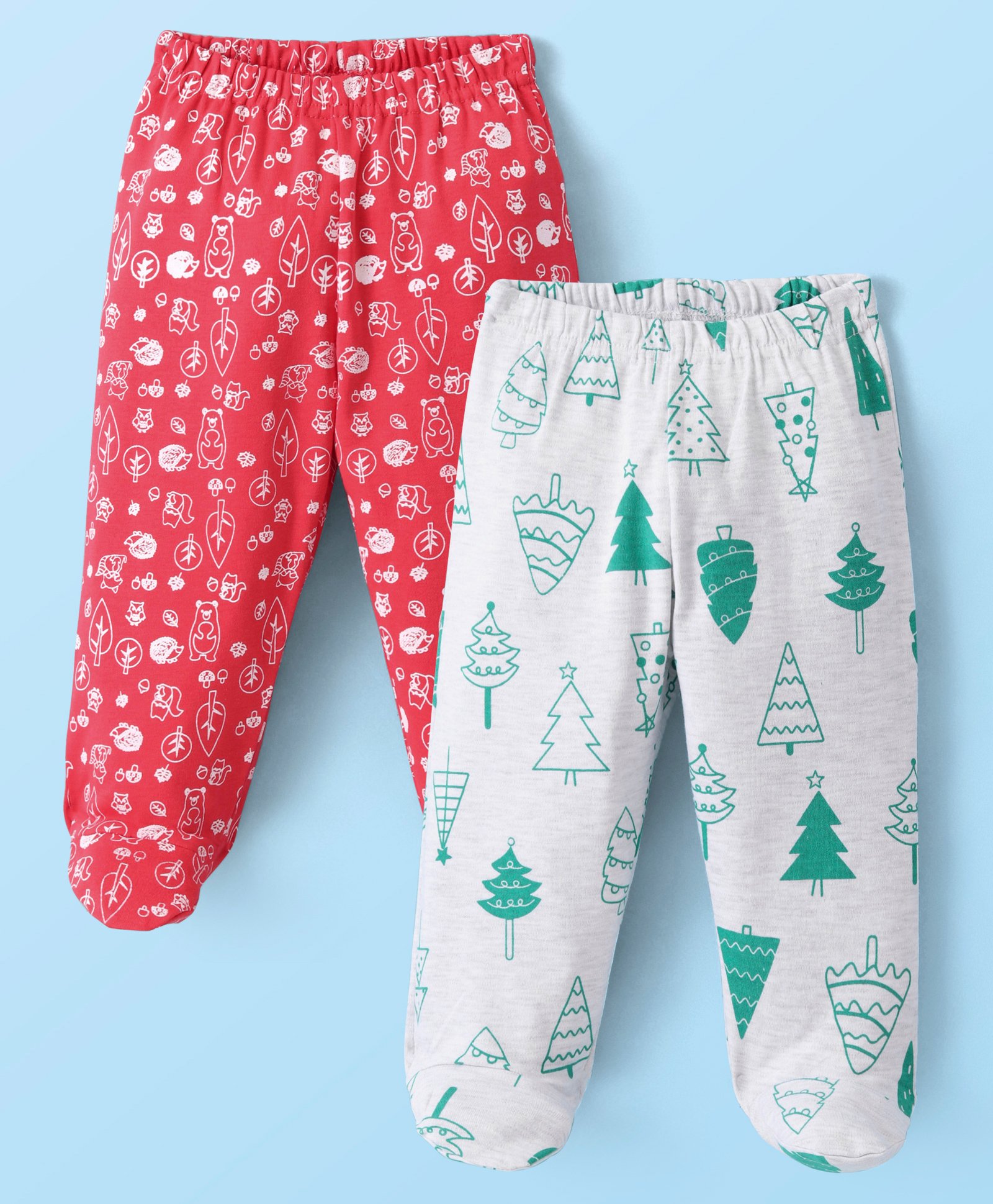 Doodle Poodle Interlock Knit Full Length Footed  Diaper Legging with Forest Theme Print Pack of 2 - Red & Grey-picture-17
