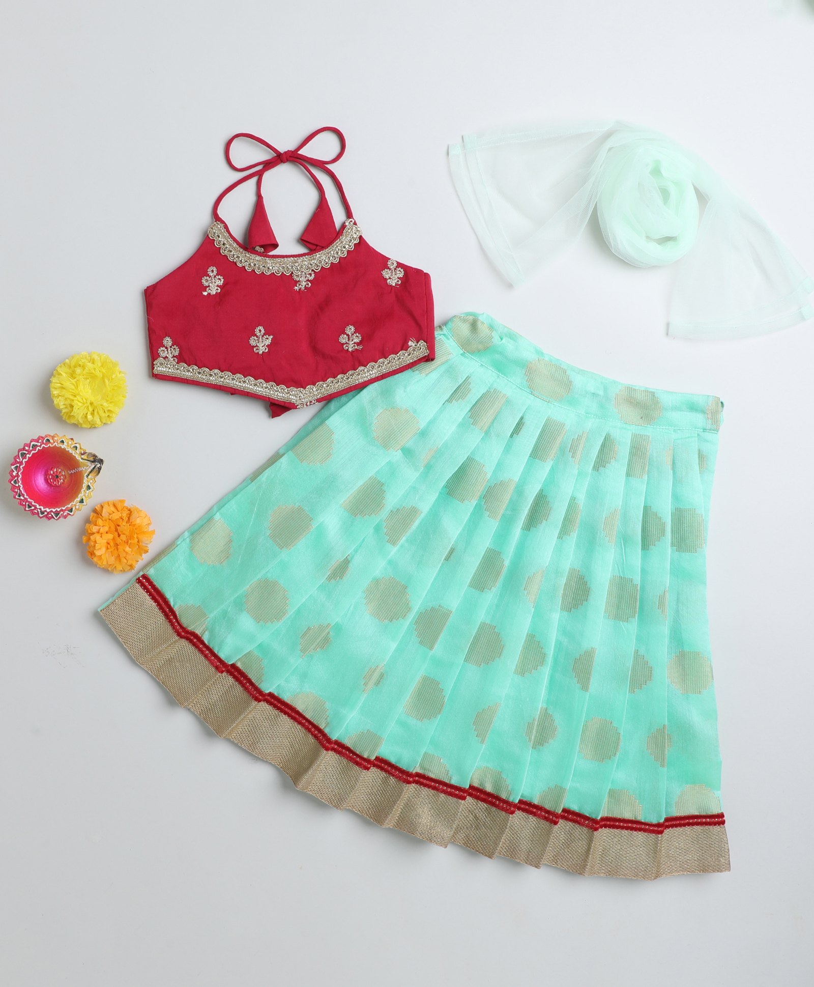 Many Frocks & chanderi sleeveless Onam choli lengha dupatta set - Maroon & Green-image-38
