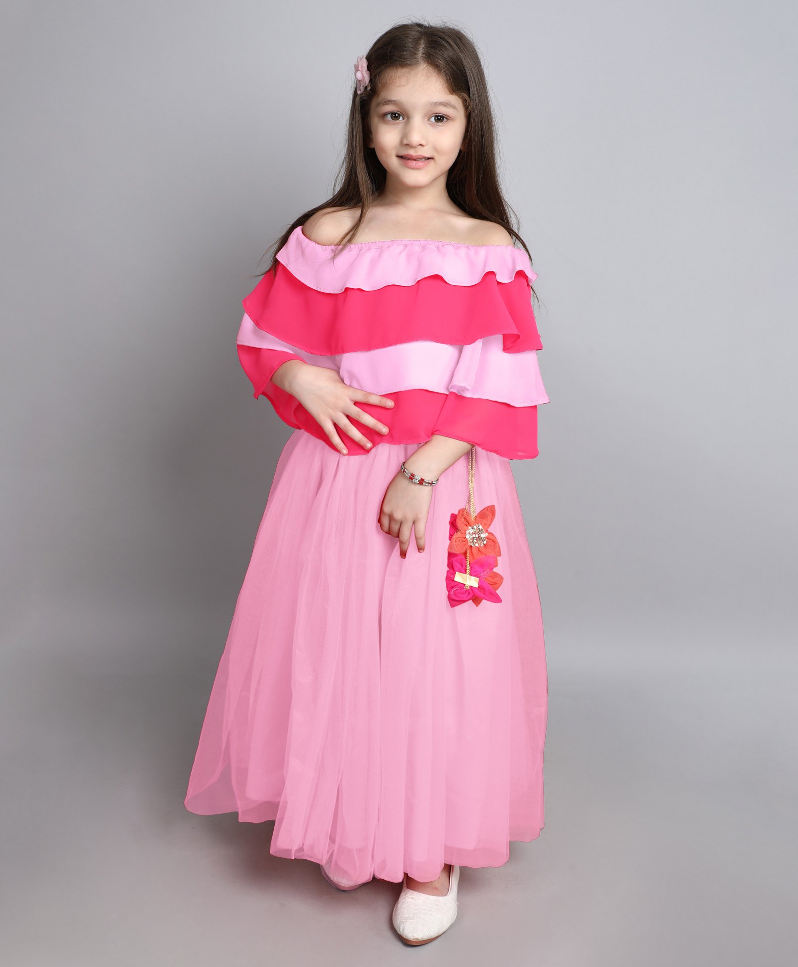 Many frocks & Off Shoulder Solid  Layered Lehenga Choli Set - Pink-image-6